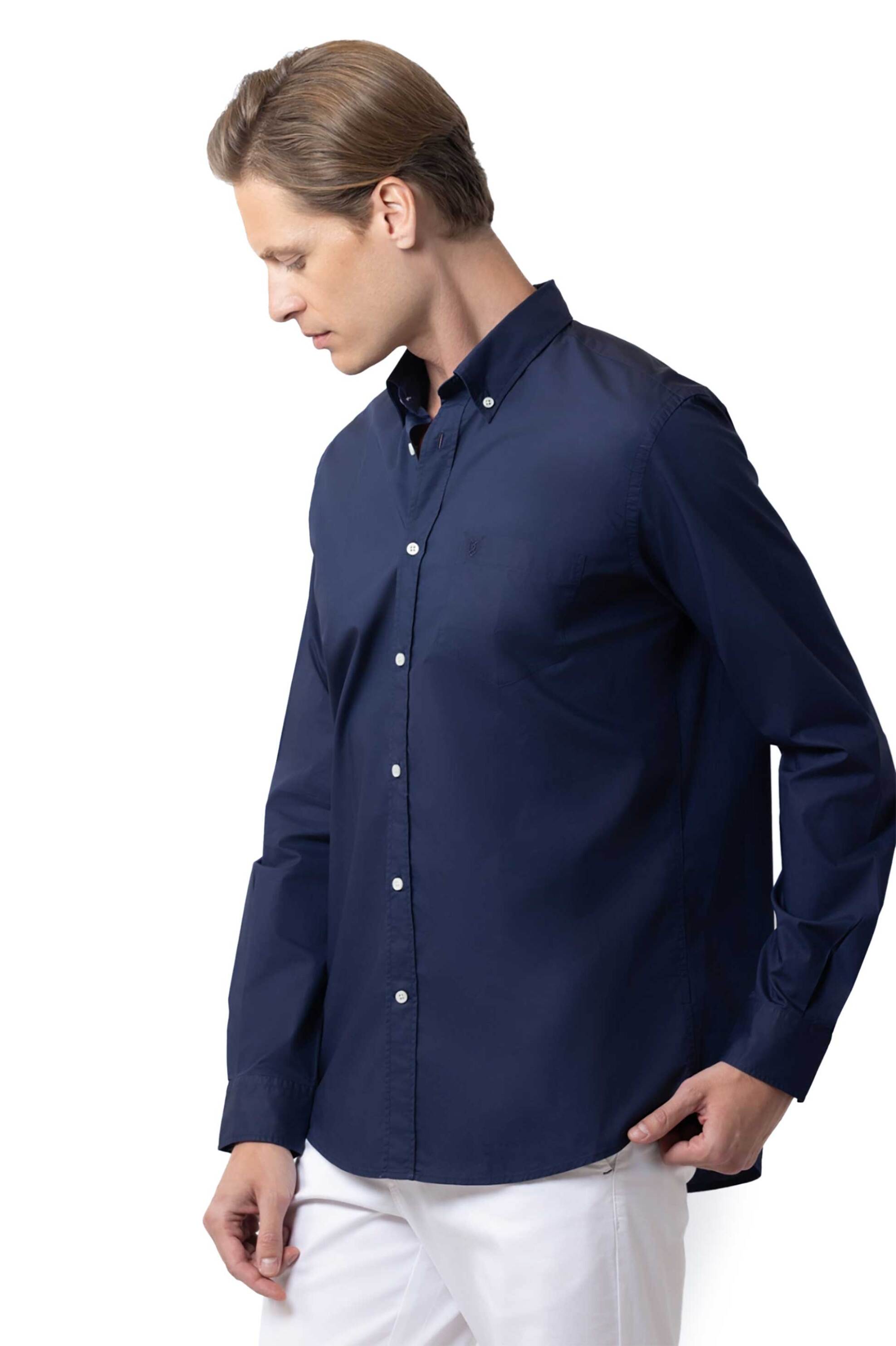 The Bostonians ανδρικό πουκάμισο button down μονόχρωμο με τσέπη και κεντημένο λογότυπο Regular Fit "Poplin" - AAP2062 Μπλε Σκούρο φωτογραφία