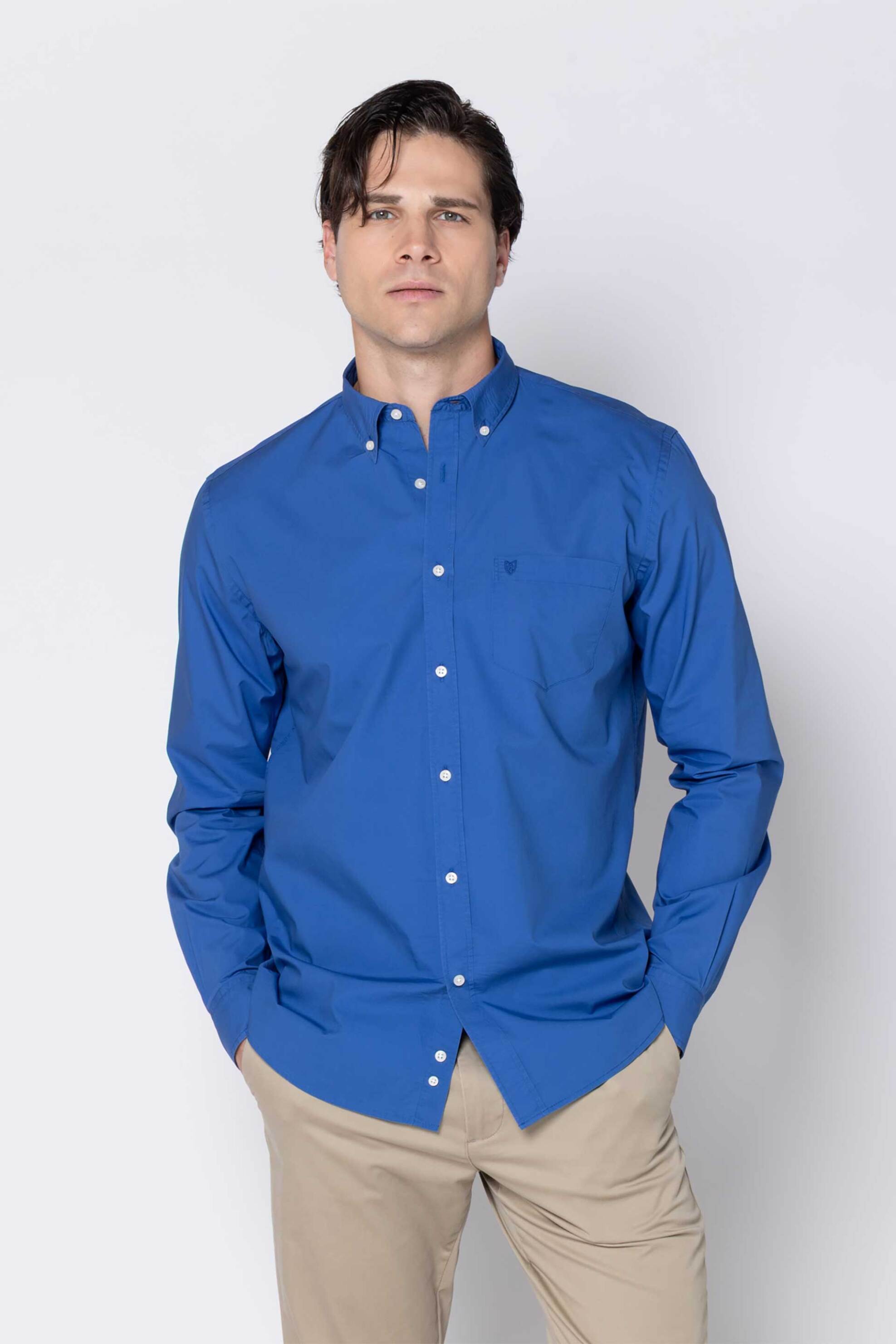 The Bostonians ανδρικό πουκάμισο button down μονόχρωμο με τσέπη και κεντημένο λογότυπο Regular Fit "Poplin" - AAP2062 Μπλε