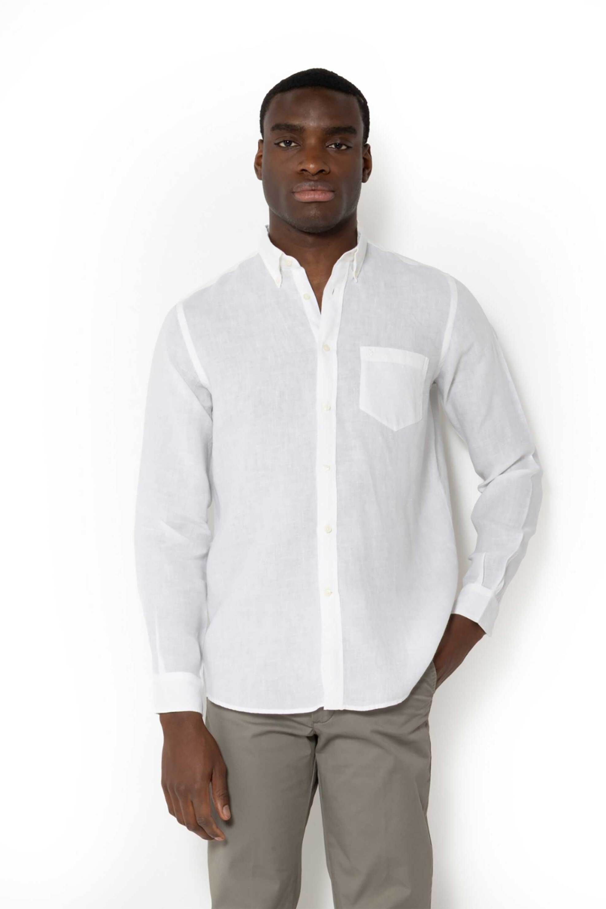 The Bostonians ανδρικό λινό πουκάμισο button down με τσέπη και κεντημένο λογότυπο Regular Fit - AAP2412 Λευκό