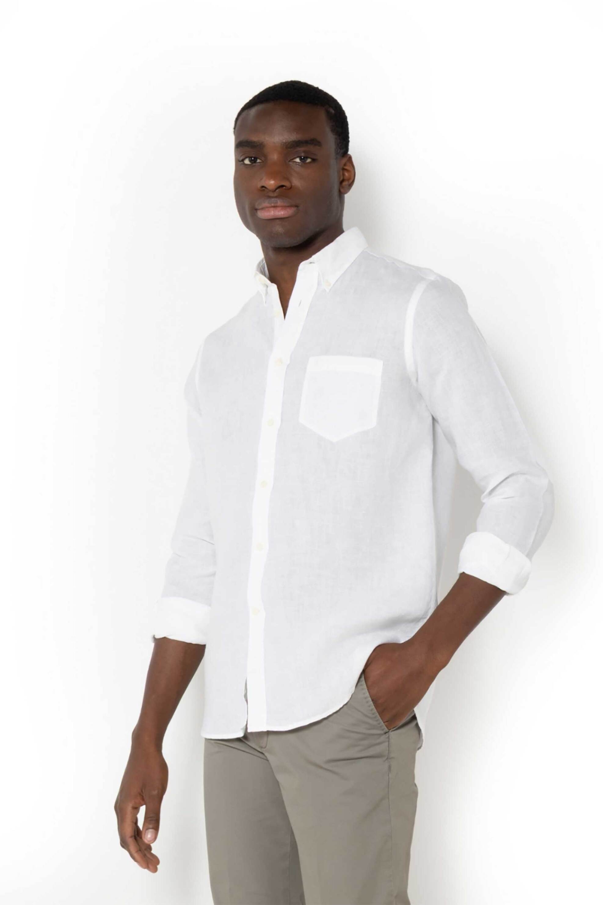 The Bostonians ανδρικό λινό πουκάμισο button down με τσέπη και κεντημένο λογότυπο Regular Fit - AAP2412 Λευκό φωτογραφία