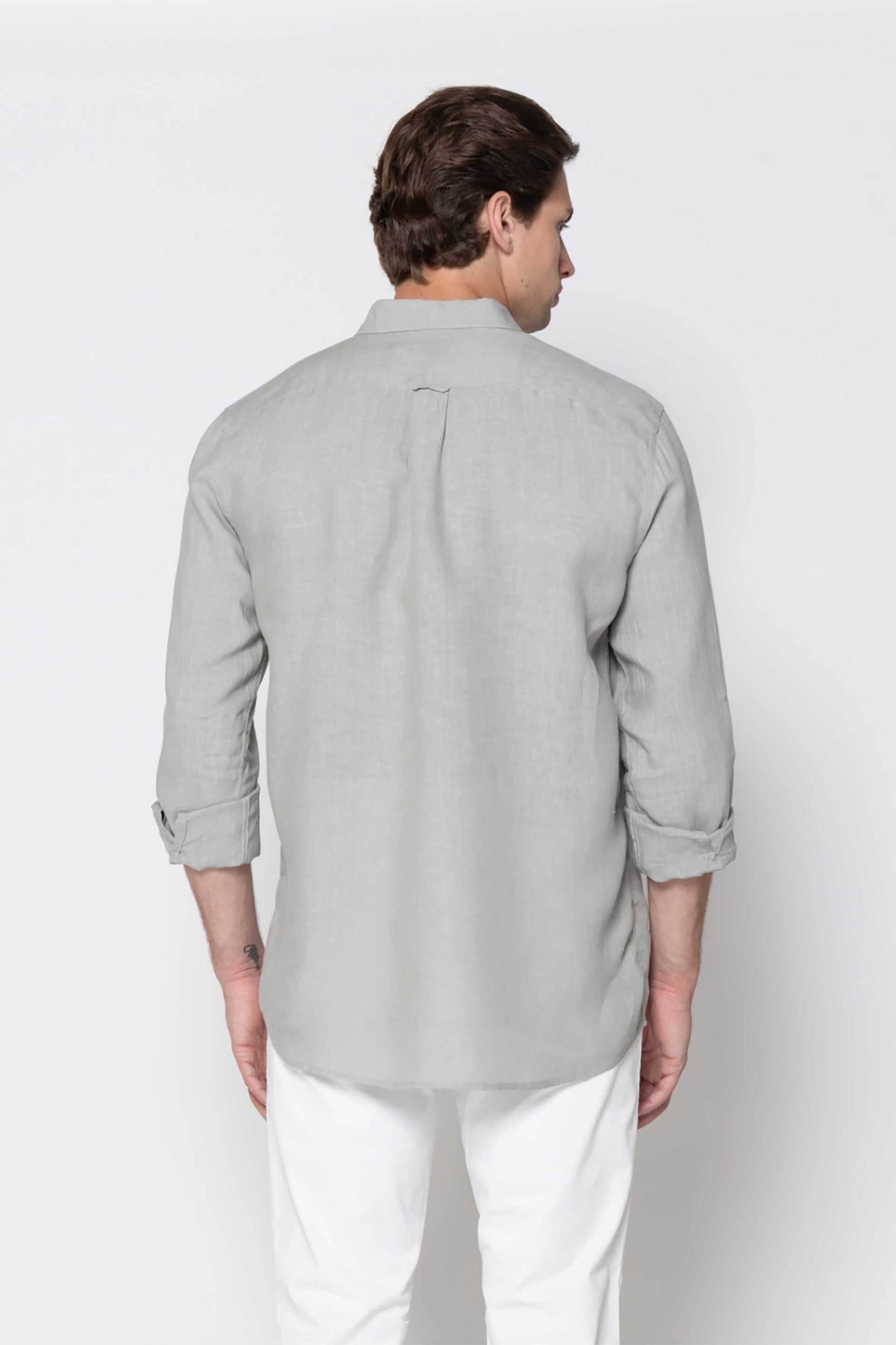 The Bostonians Ανδρικό Λινό Πουκάμισο Button Down με Τσέπη Και Κεντημένο Λογότυπο Regular Fit - Aap2412 Γκρι