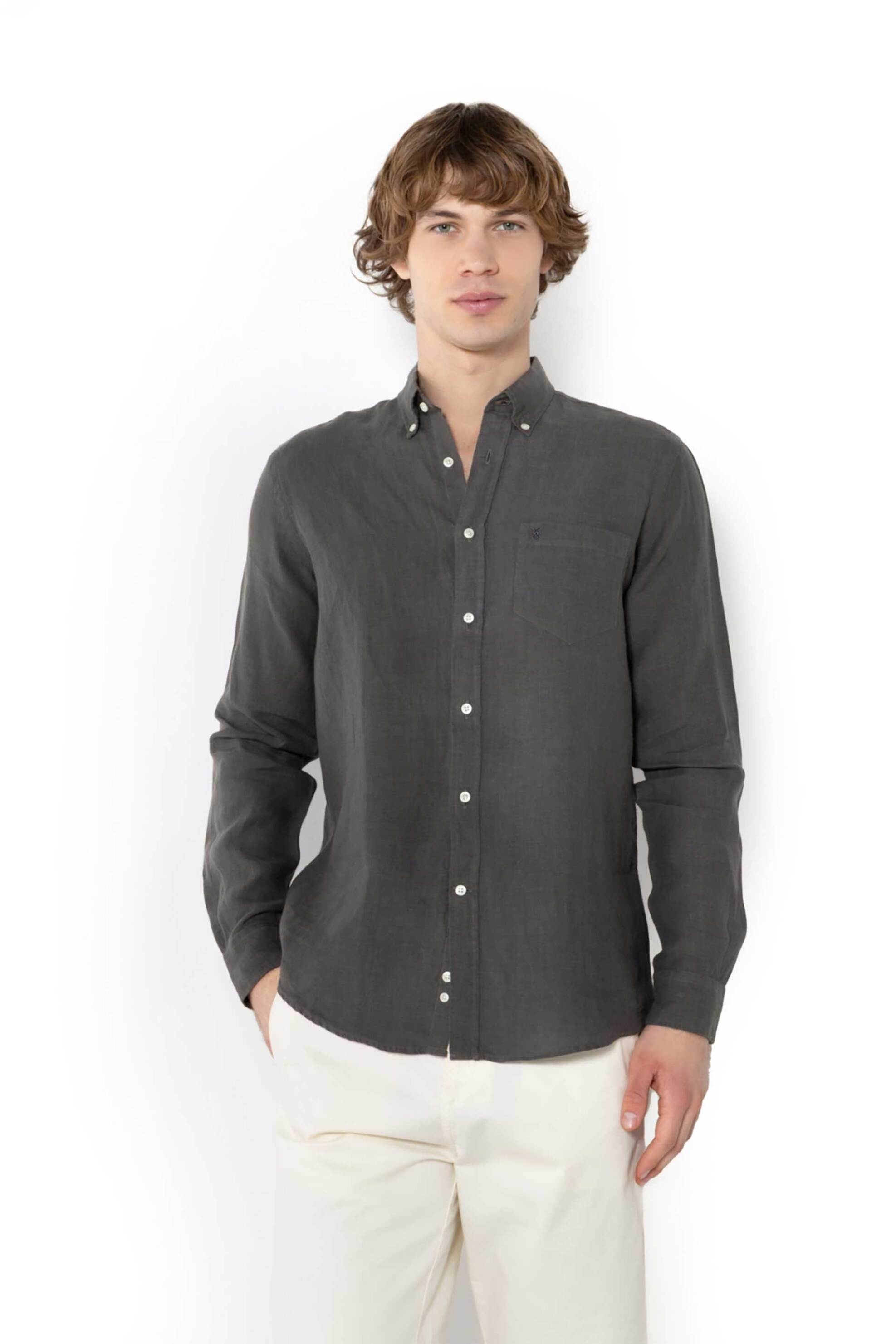 The Bostonians ανδρικό λινό πουκάμισο button down με τσέπη και κεντημένο λογότυπο Regular Fit - AAP2412 Ανθρακί