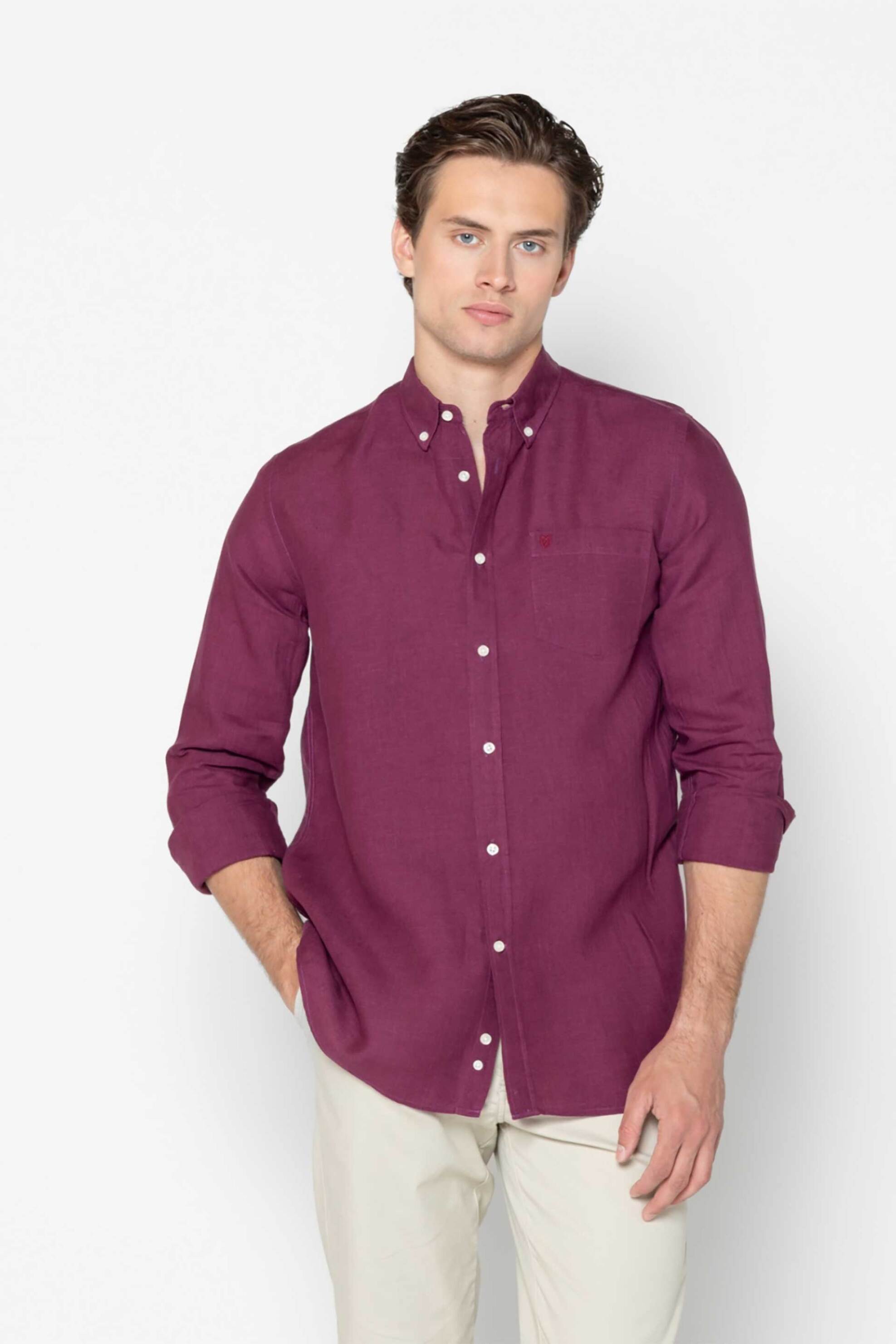 The Bostonians ανδρικό λινό πουκάμισο button down με τσέπη και κεντημένο λογότυπο Regular Fit - AAP2412 Βυσσινί