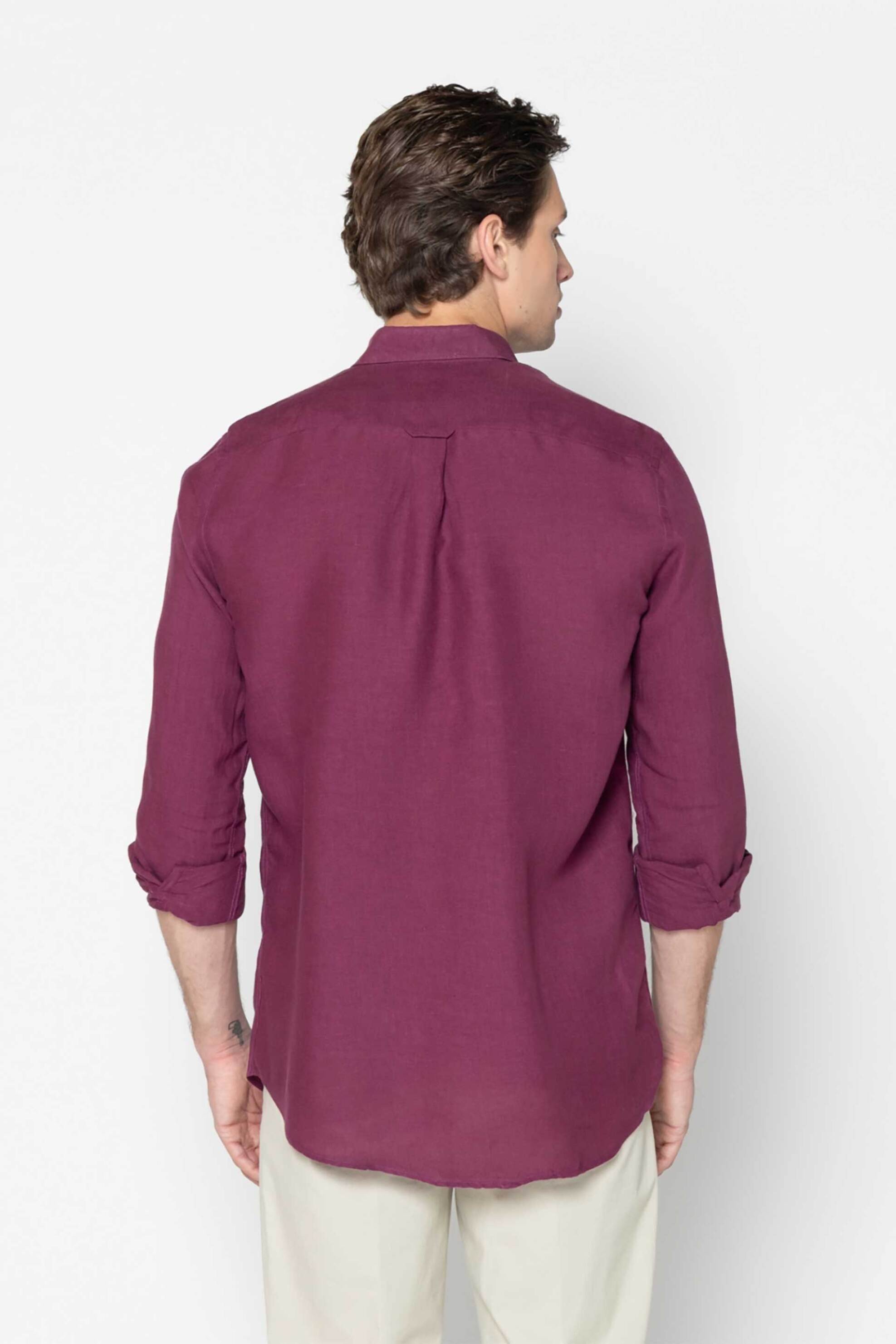 The Bostonians Ανδρικό Λινό Πουκάμισο Button Down με Τσέπη Και Κεντημένο Λογότυπο Regular Fit - Aap2412 Βυσσινί