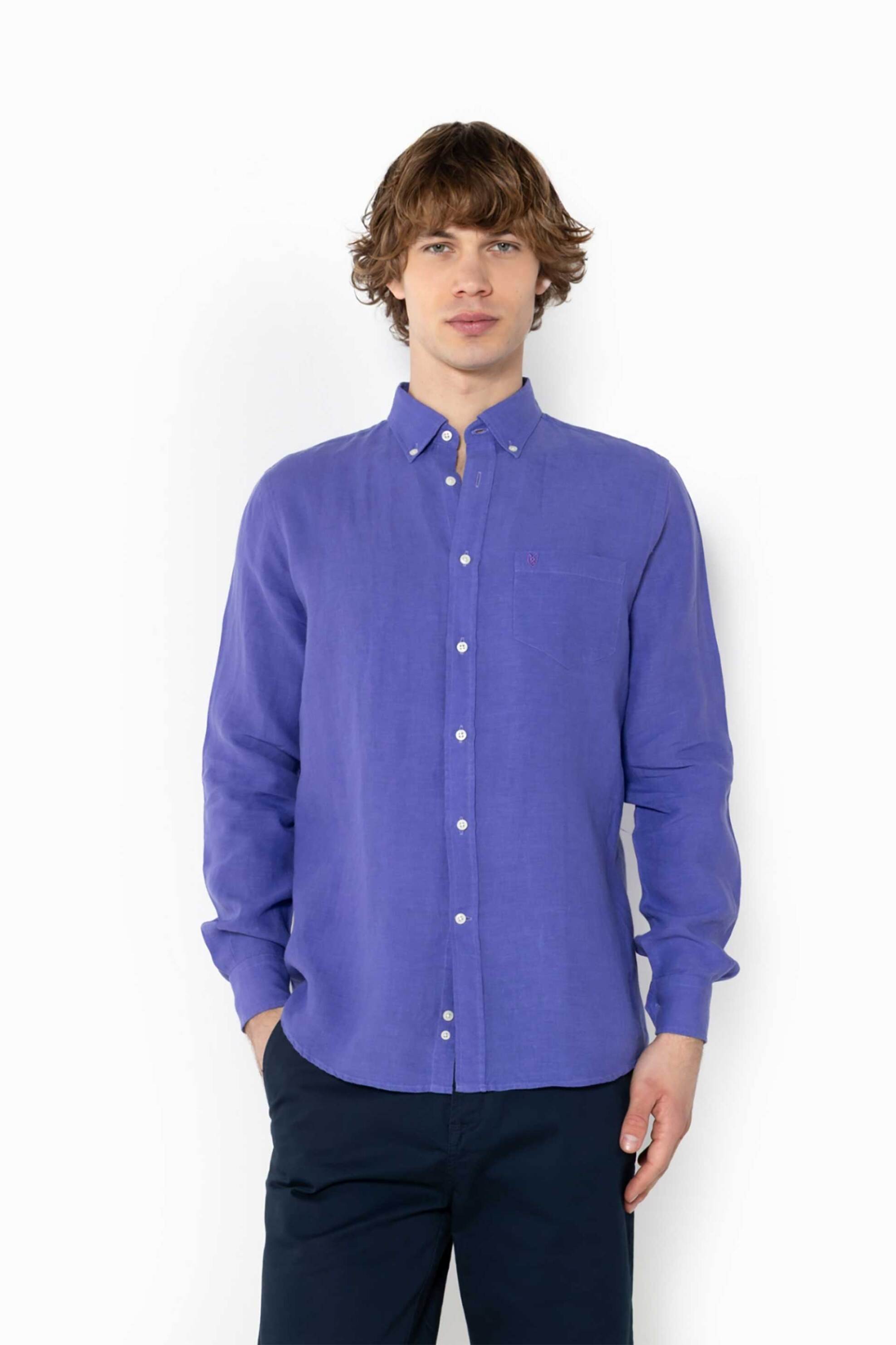 The Bostonians ανδρικό λινό πουκάμισο button down με τσέπη και κεντημένο λογότυπο Regular Fit - AAP2412 Μοβ