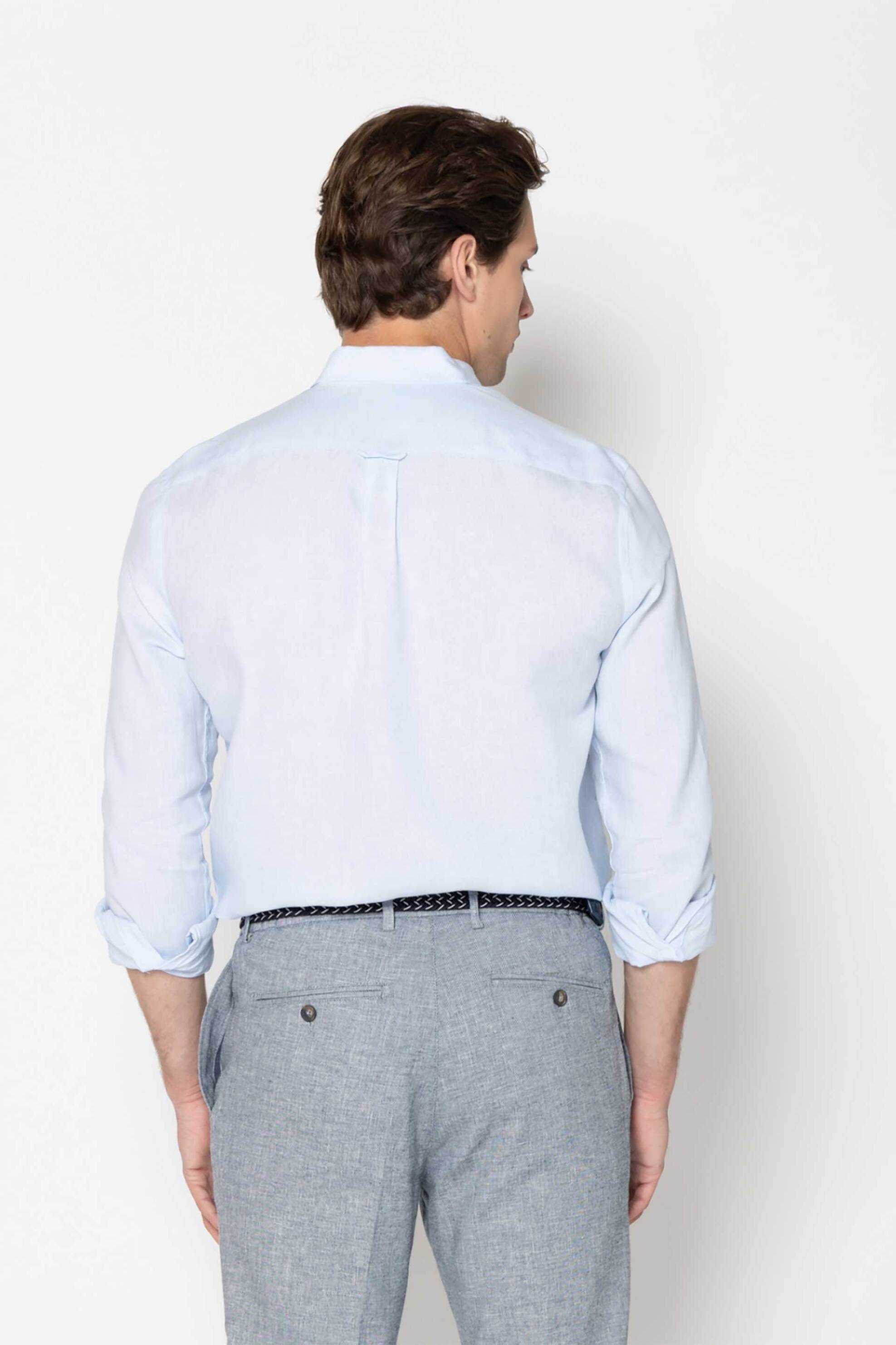 The Bostonians Ανδρικό Λινό Πουκάμισο Button Down με Τσέπη Και Κεντημένο Λογότυπο Regular Fit - Aap2412 Μπλε Ανοιχτό