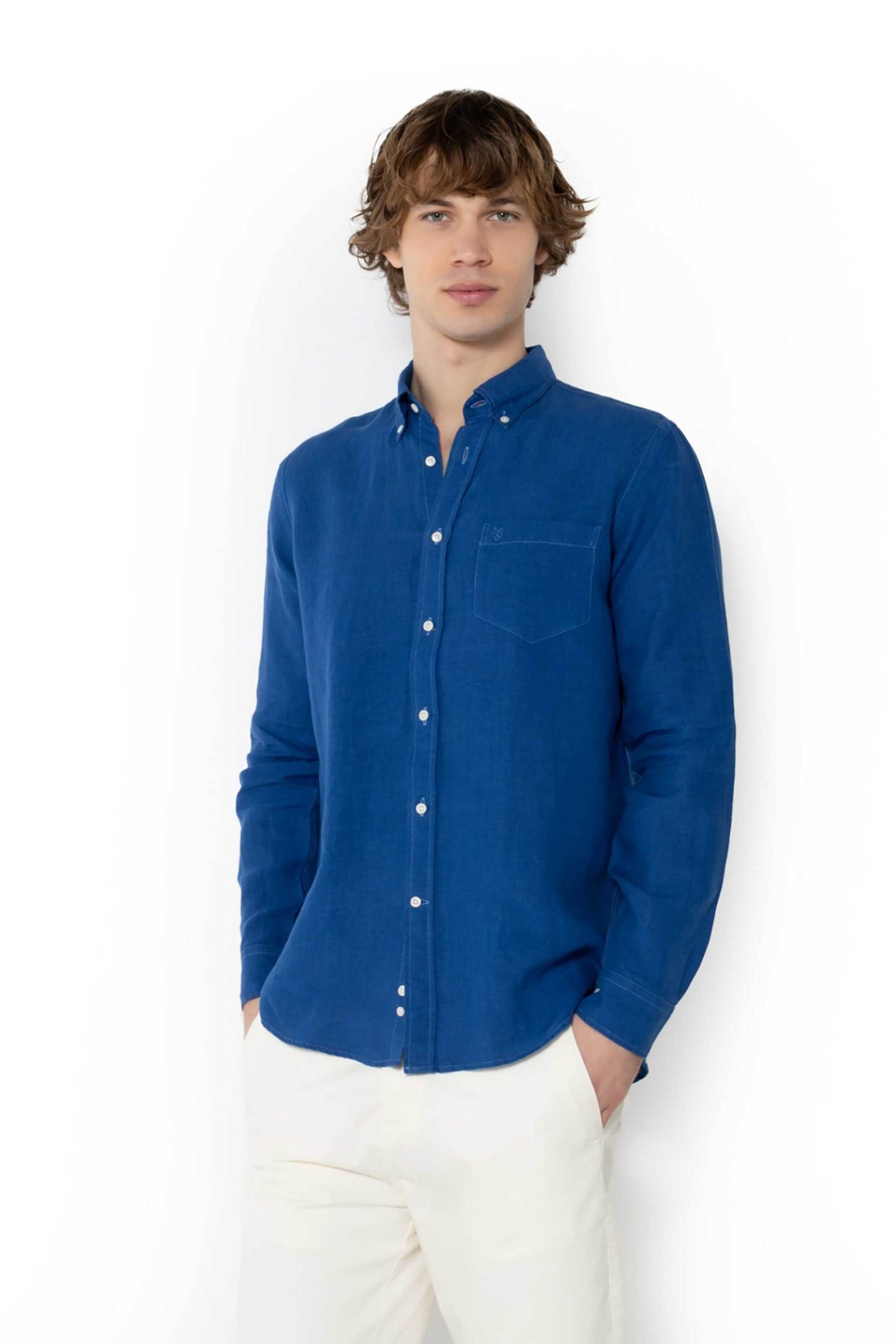 The Bostonians ανδρικό λινό πουκάμισο button down με τσέπη και κεντημένο λογότυπο Regular Fit - AAP2412 Μπλε