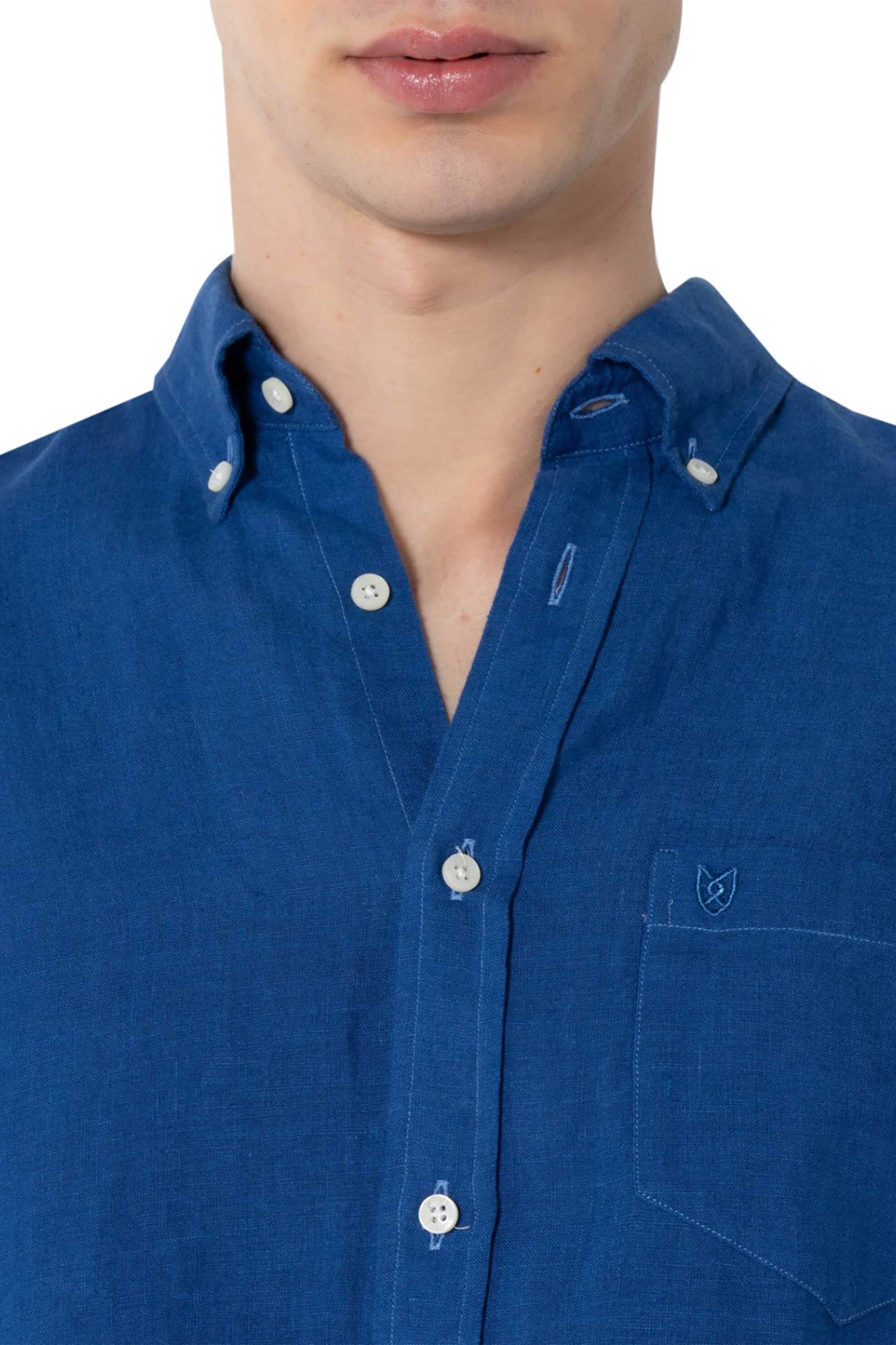 The Bostonians ανδρικό λινό πουκάμισο button down με τσέπη και κεντημένο λογότυπο Regular Fit - AAP2412 Μπλε φωτογραφία