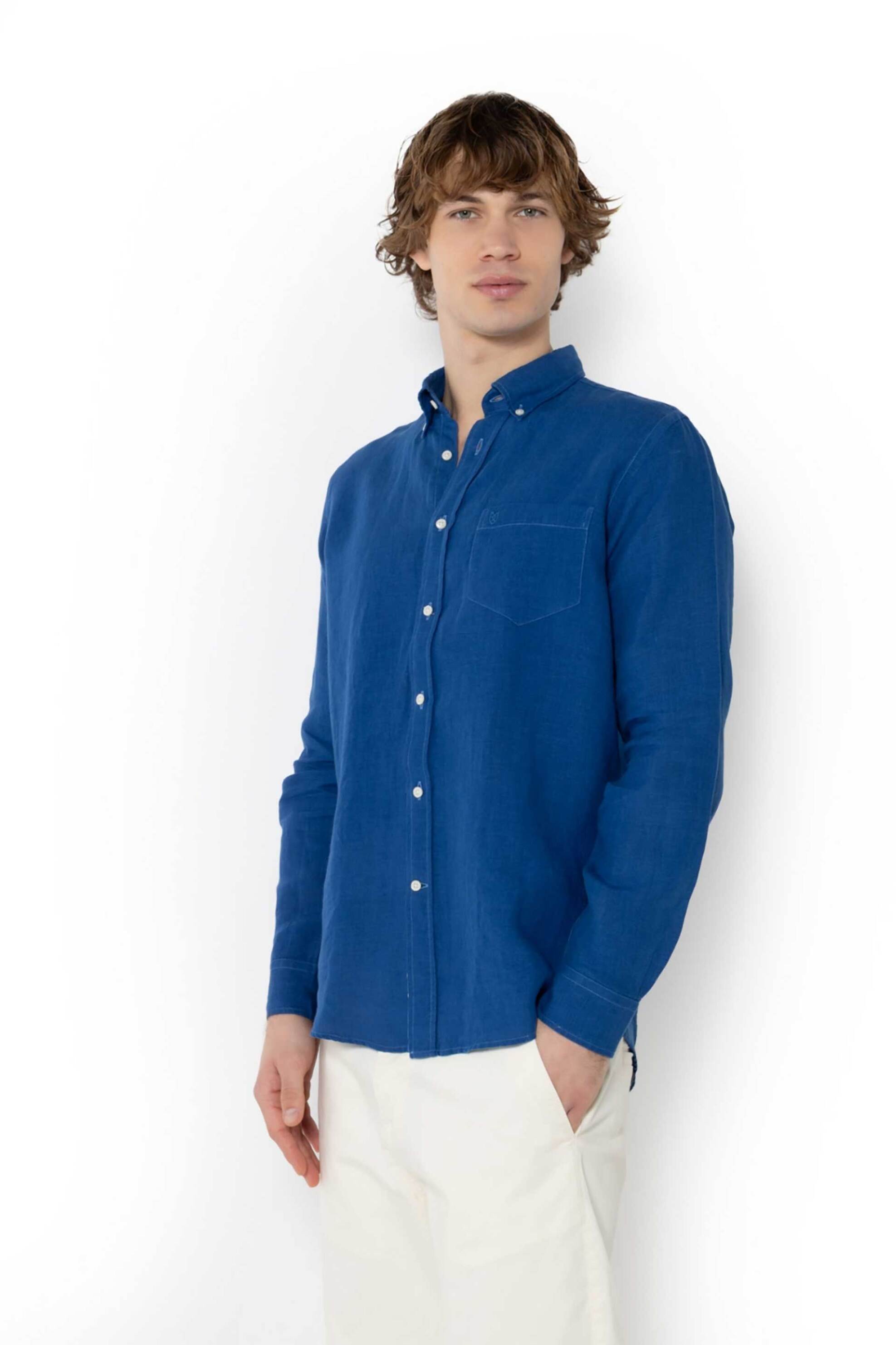 The Bostonians ανδρικό λινό πουκάμισο button down με τσέπη και κεντημένο λογότυπο Regular Fit - AAP2412 Μπλε φωτογραφία