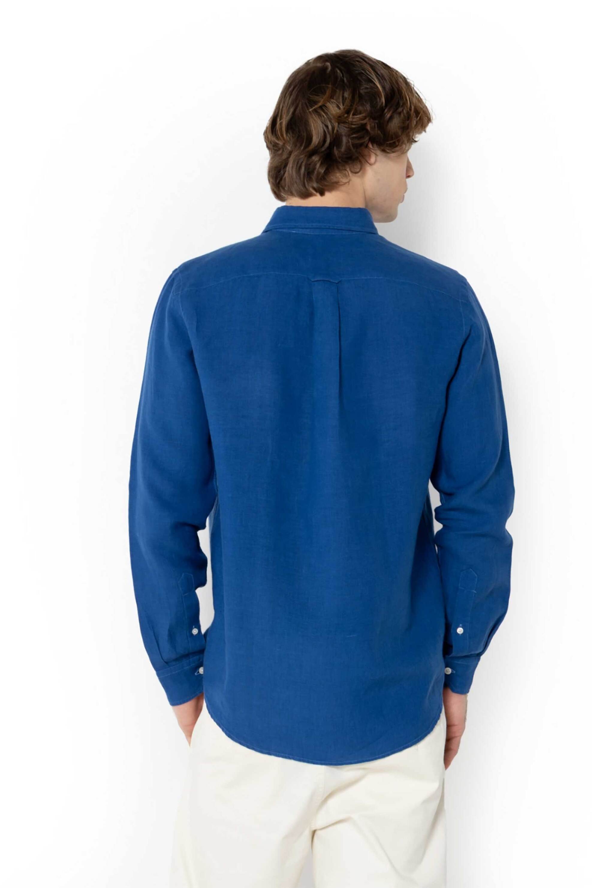 The Bostonians ανδρικό λινό πουκάμισο button down με τσέπη και κεντημένο λογότυπο Regular Fit - AAP2412 Μπλε φωτογραφία