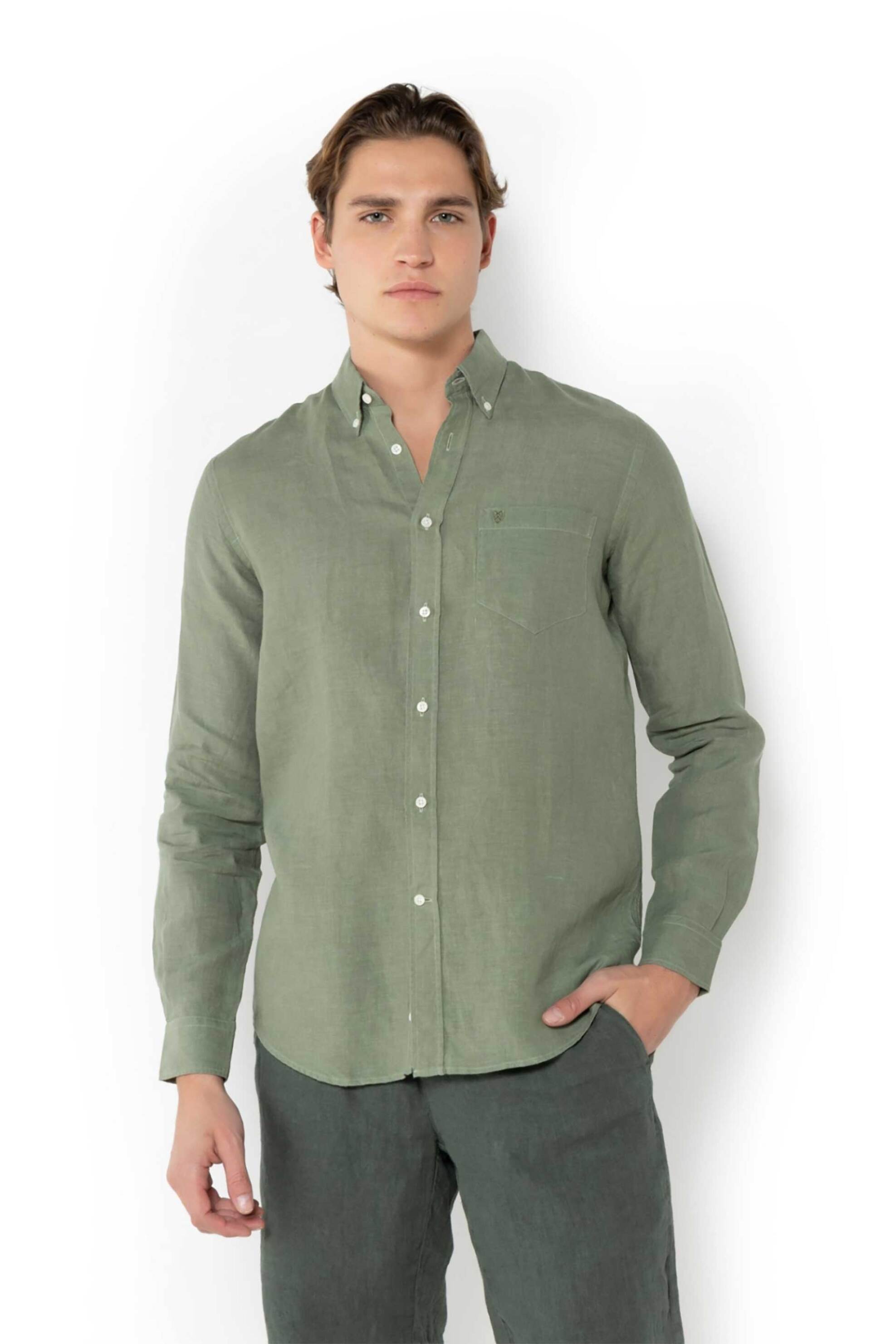 The Bostonians ανδρικό λινό πουκάμισο button down με τσέπη και κεντημένο λογότυπο Regular Fit - AAP2412 Λαδί