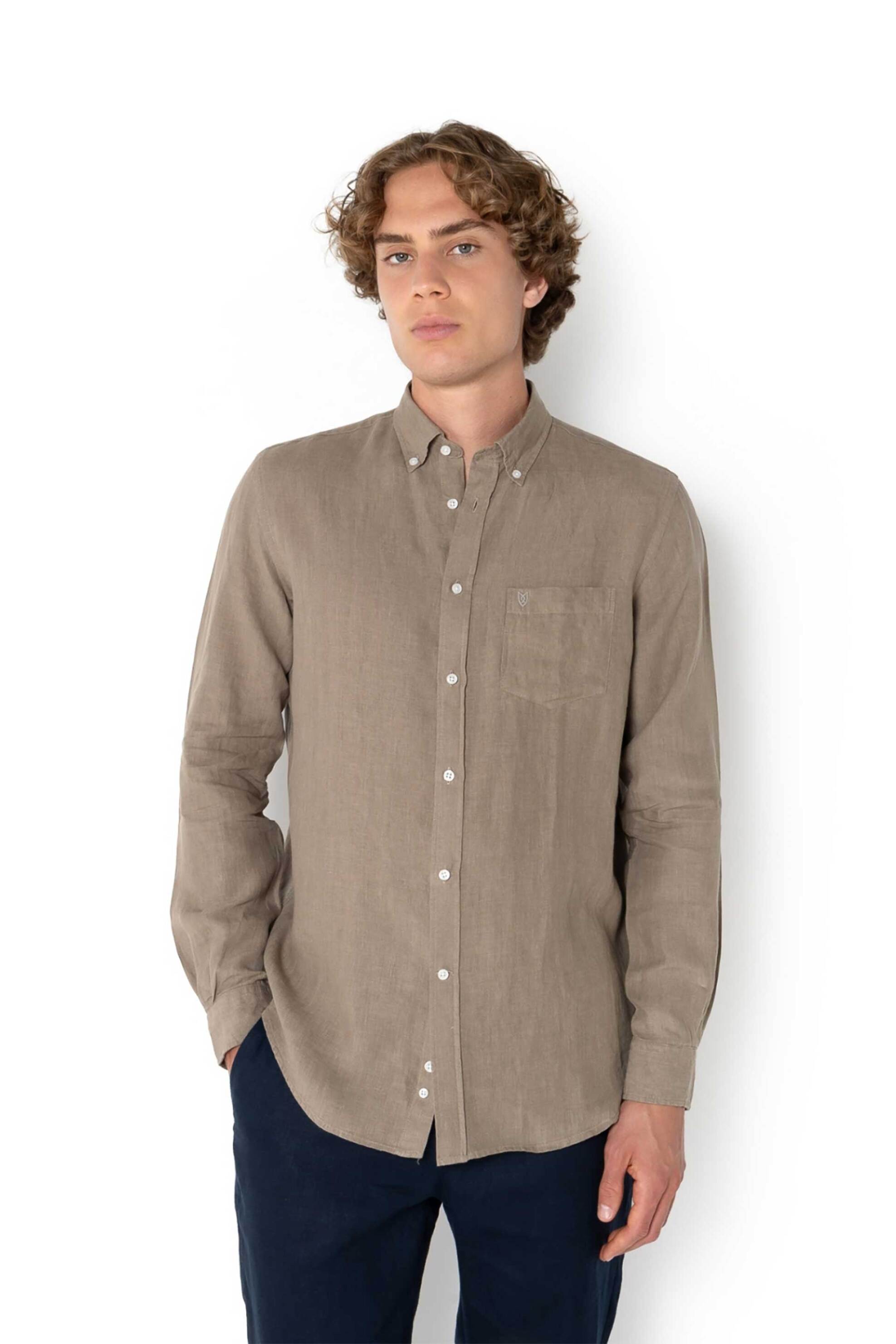 The Bostonians ανδρικό λινό πουκάμισο button down με τσέπη και κεντημένο λογότυπο Regular Fit - AAP2412 Καφέ Ανοιχτό