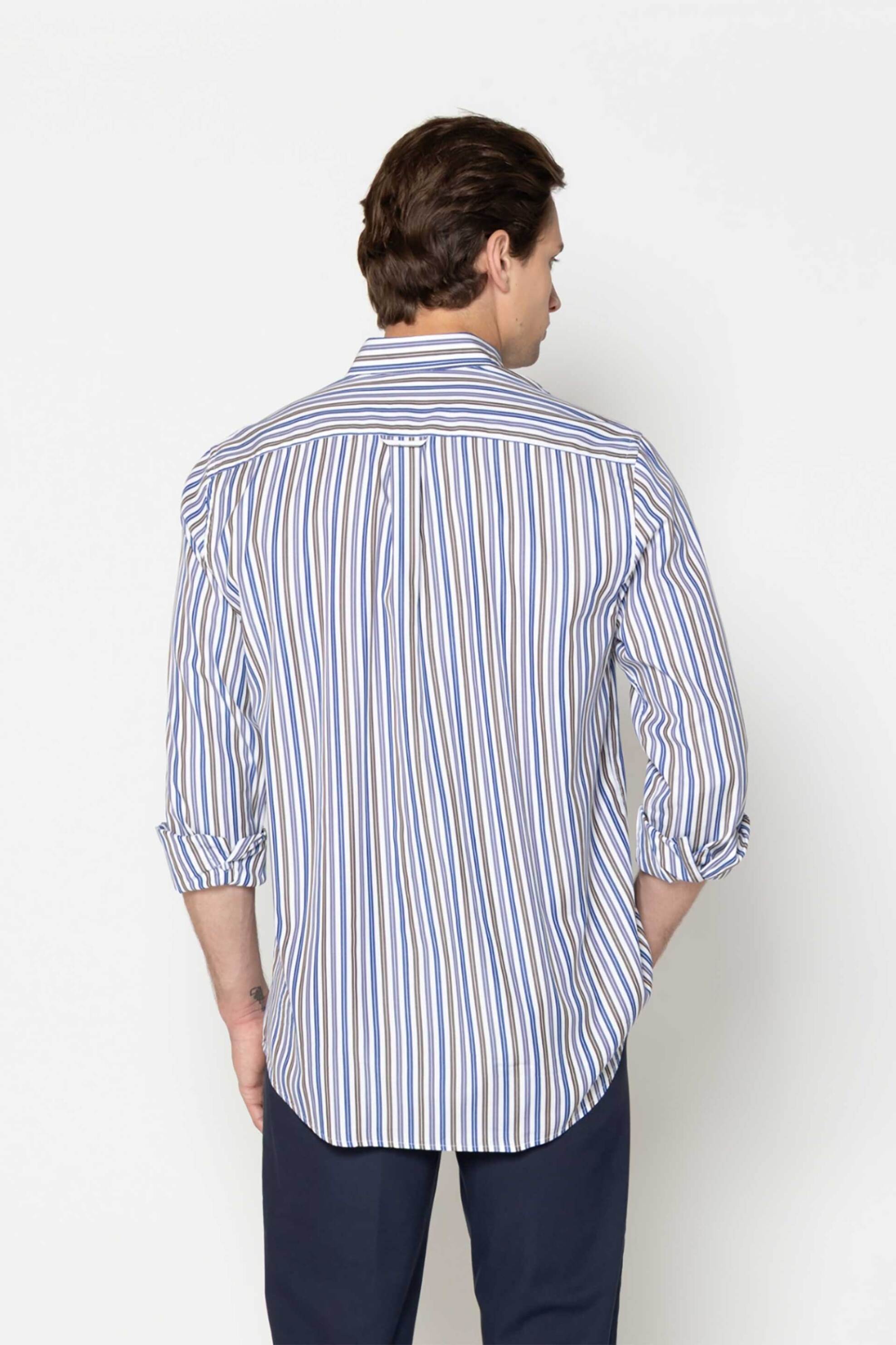The Bostonians Ανδρικό Πουκάμισο Button Down Poplin με Ριγέ Σχέδιο Και Κεντημένο Λογότυπο Regular Fit Acorn - Aas4923 Λευκό Μπλε