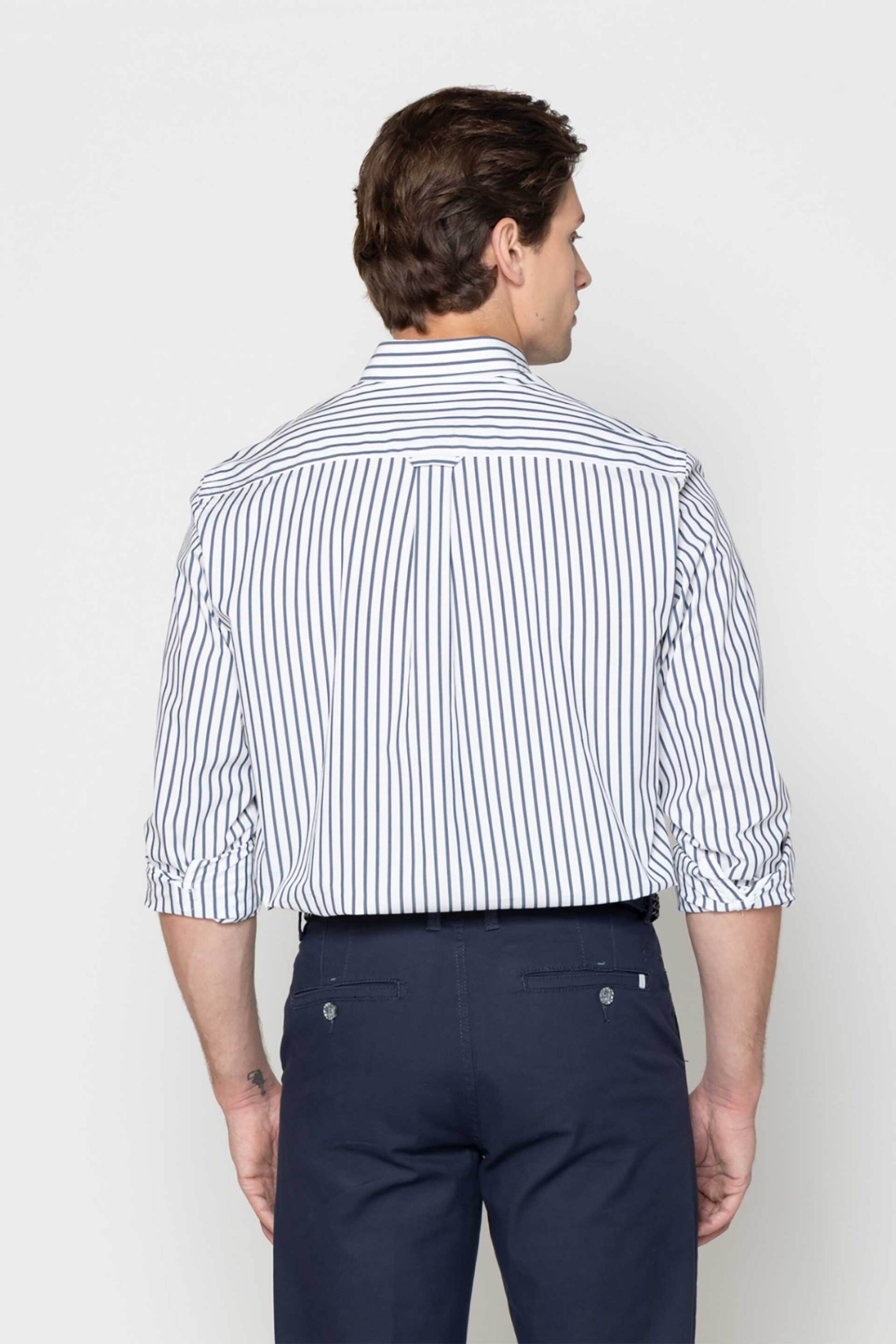 The Bostonians Ανδρικό Πουκάμισο Button Down Poplin με Ριγέ Σχέδιο Και Κεντημένο Λογότυπο Regular Fit Acorn - Aas4926 Λευκό Μπλε