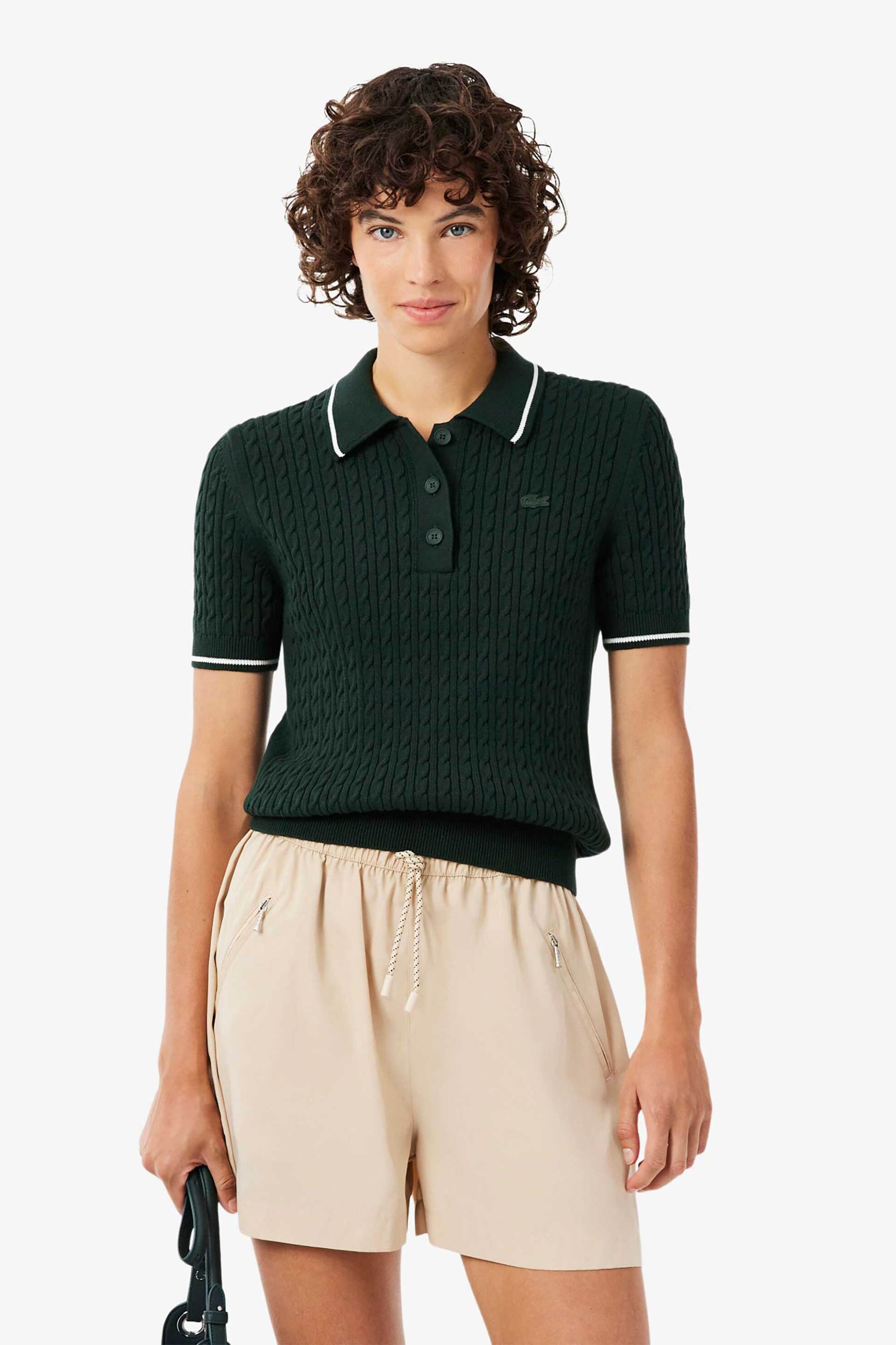 LACOSTE Lacoste γυναικεία πλεκτή μπλούζα πόλο με cable knit pattern και κεντημένο λογότυπο Regular Fit - AF0972 Κυπαρισσί