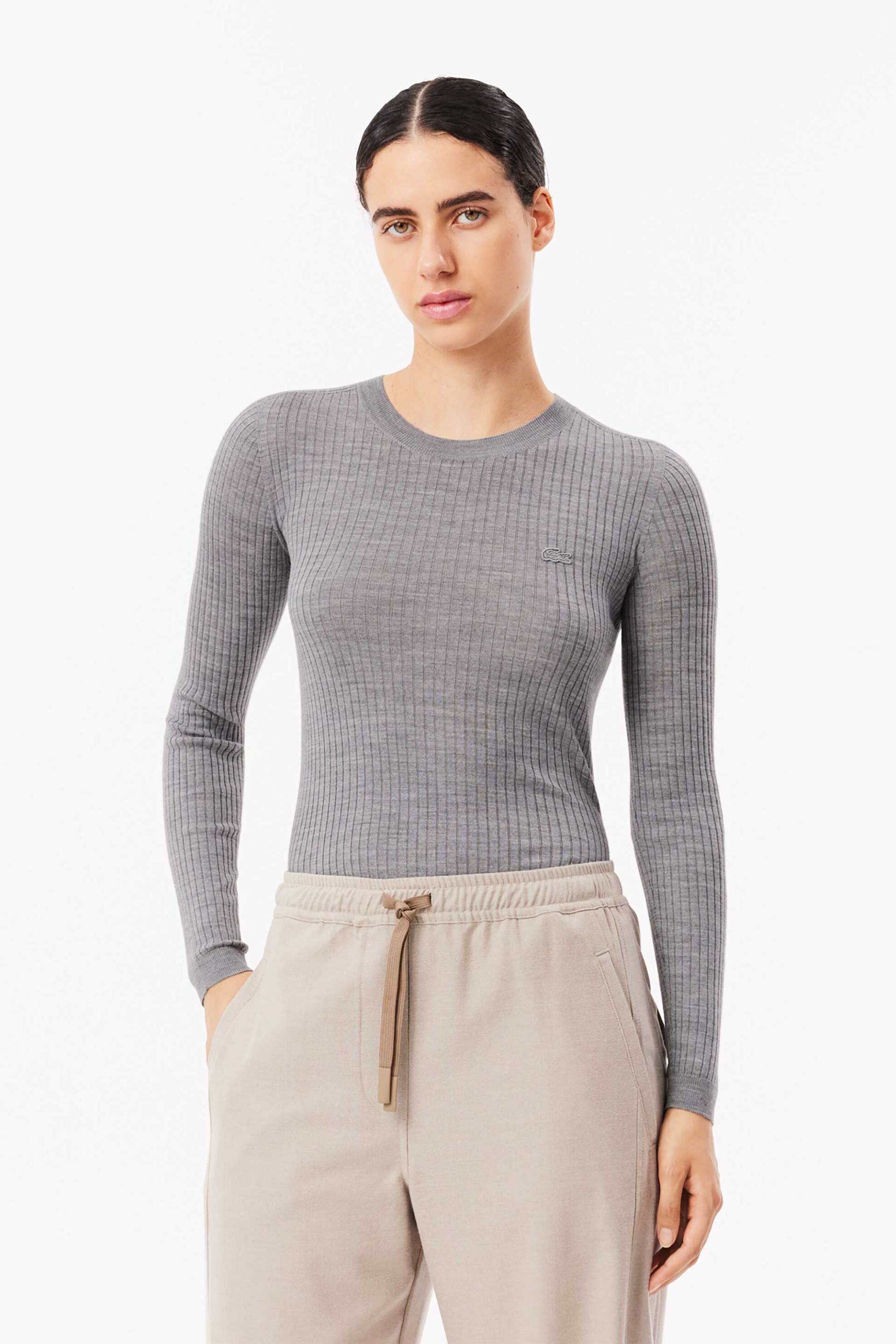 Lacoste γυναικείο μάλλινο πουλόβερ ribbed με tone-on-tone κεντημένο λογότυπο - AF2576-00 Γκρι