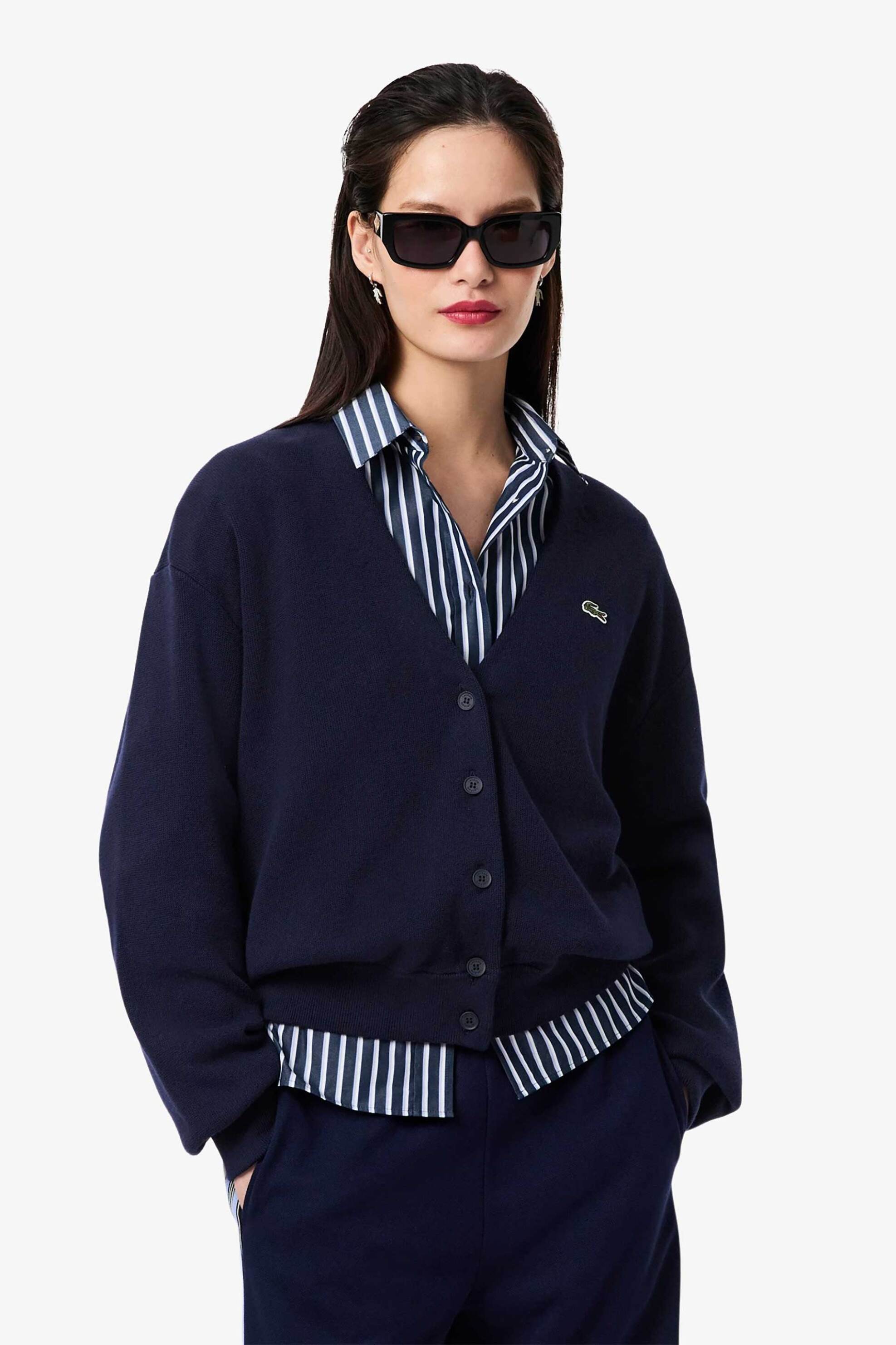 Lacoste γυναικεία πλεκτή ζακέτα με V και κεντημένο λογότυπο Regular Fit - AF4143-00 Μπλε Σκούρο