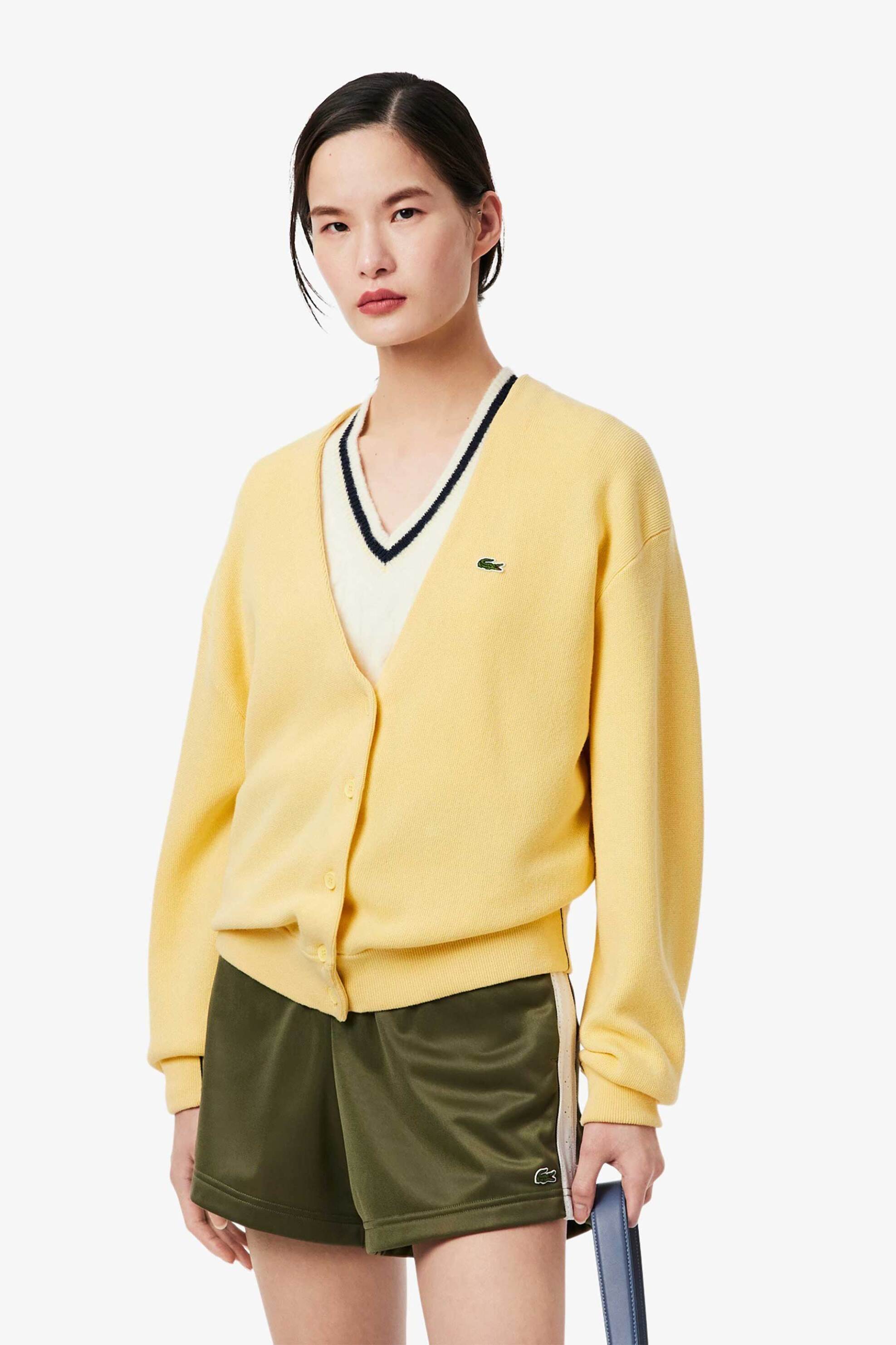LACOSTE Lacoste γυναικεία πλεκτή ζακέτα με V και κεντημένο λογότυπο Regular Fit - AF4143-00 Κίτρινο Ώχρα