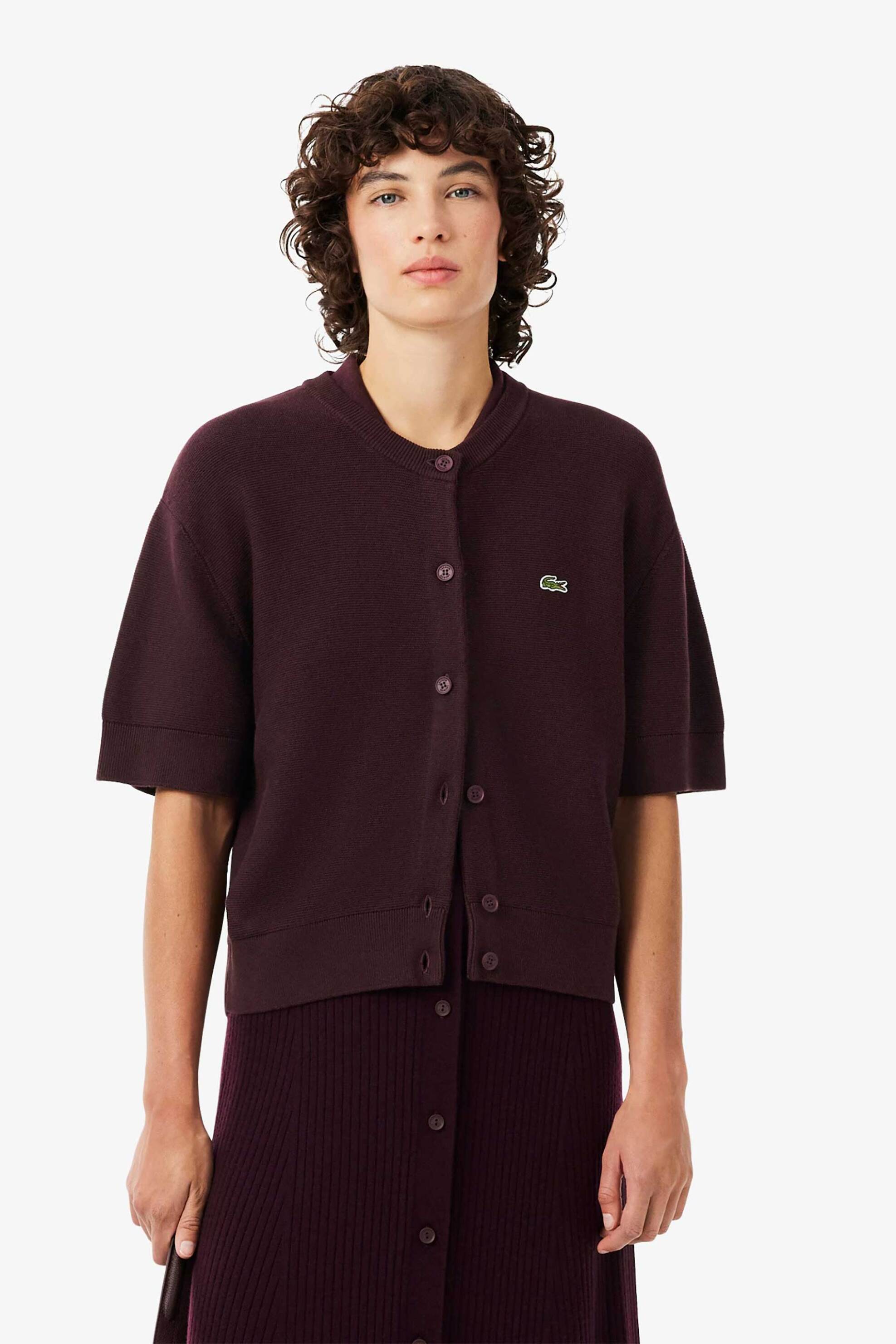 LACOSTE Lacoste γυναικεία πλεκτή ζακέτα με κεντημένο λογότυπο Regular Fit - AF8244 Μπορντό Σκούρο