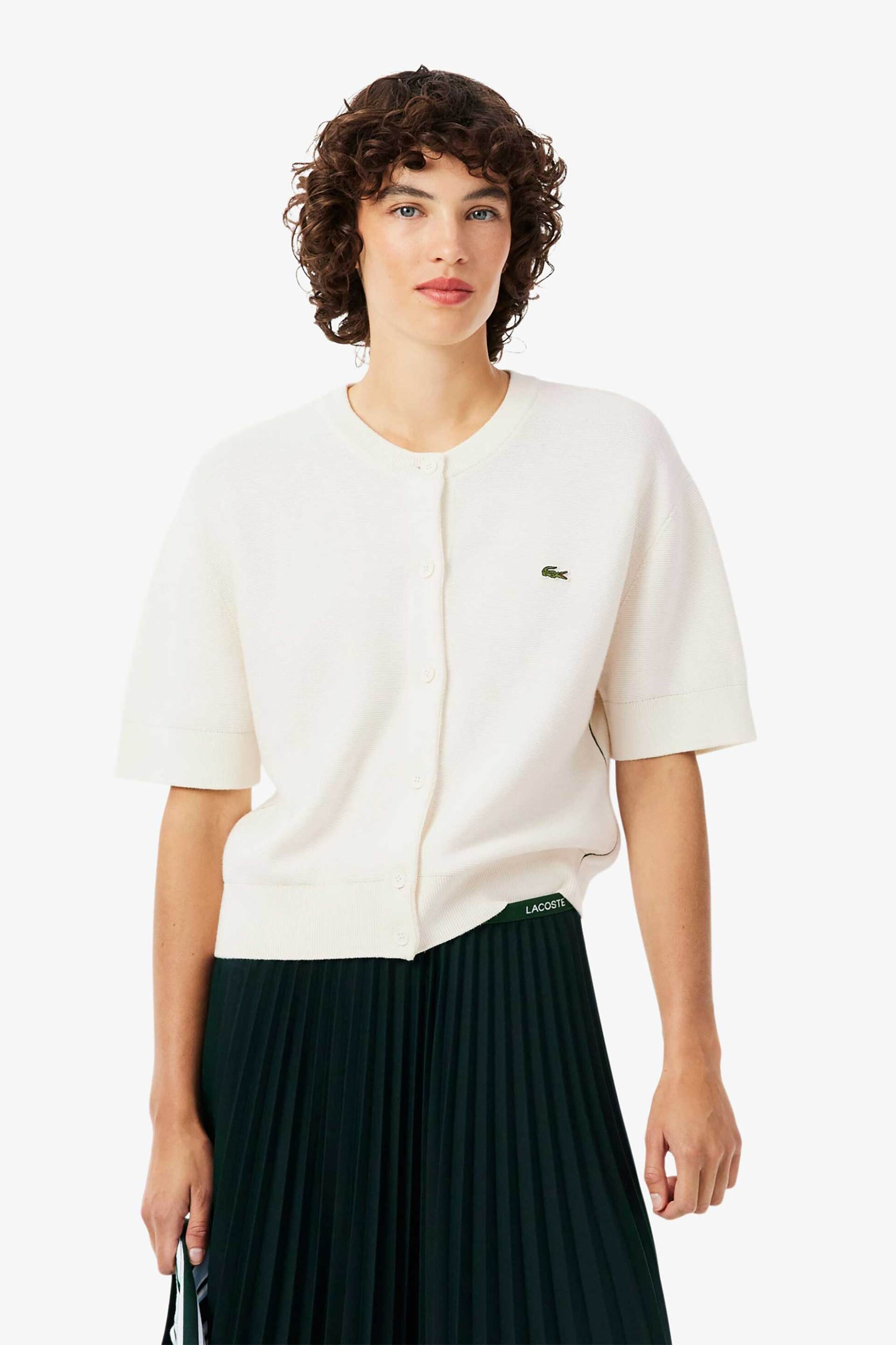 LACOSTE Lacoste γυναικεία πλεκτή ζακέτα με κεντημένο λογότυπο Regular Fit - AF8244 Λευκό