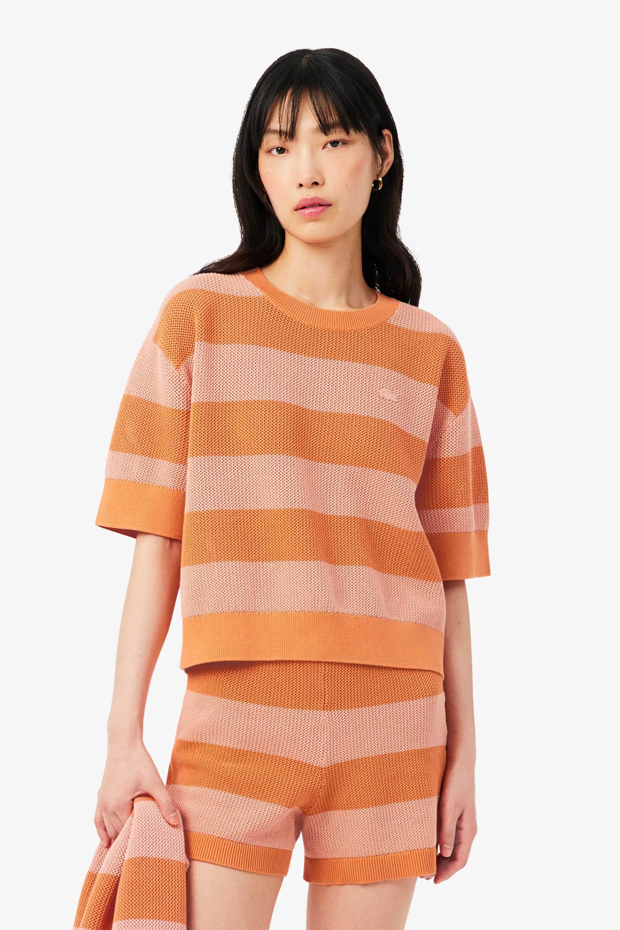 Lacoste γυναικείο πουλόβερ με ριγέ σχέδιο και λογότυπο Relaxed Fit - AF9859 Πορτοκαλί