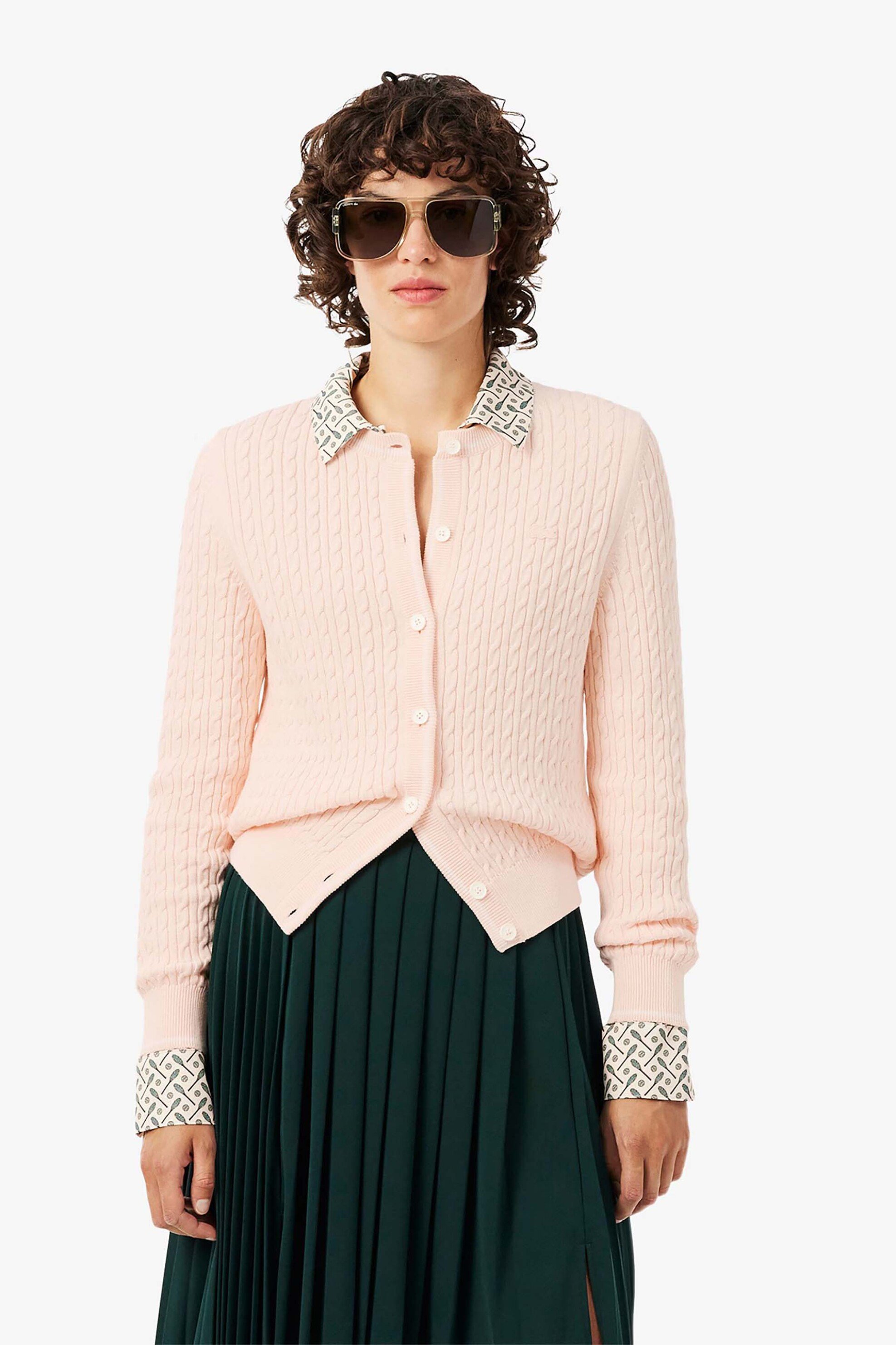 LACOSTE Lacoste γυναικεία πλεκτή ζακέτα με cable knit pattern και κεντημένο λογότυπο Regular Fit - AF9872 Ροζ Ανοιχτό