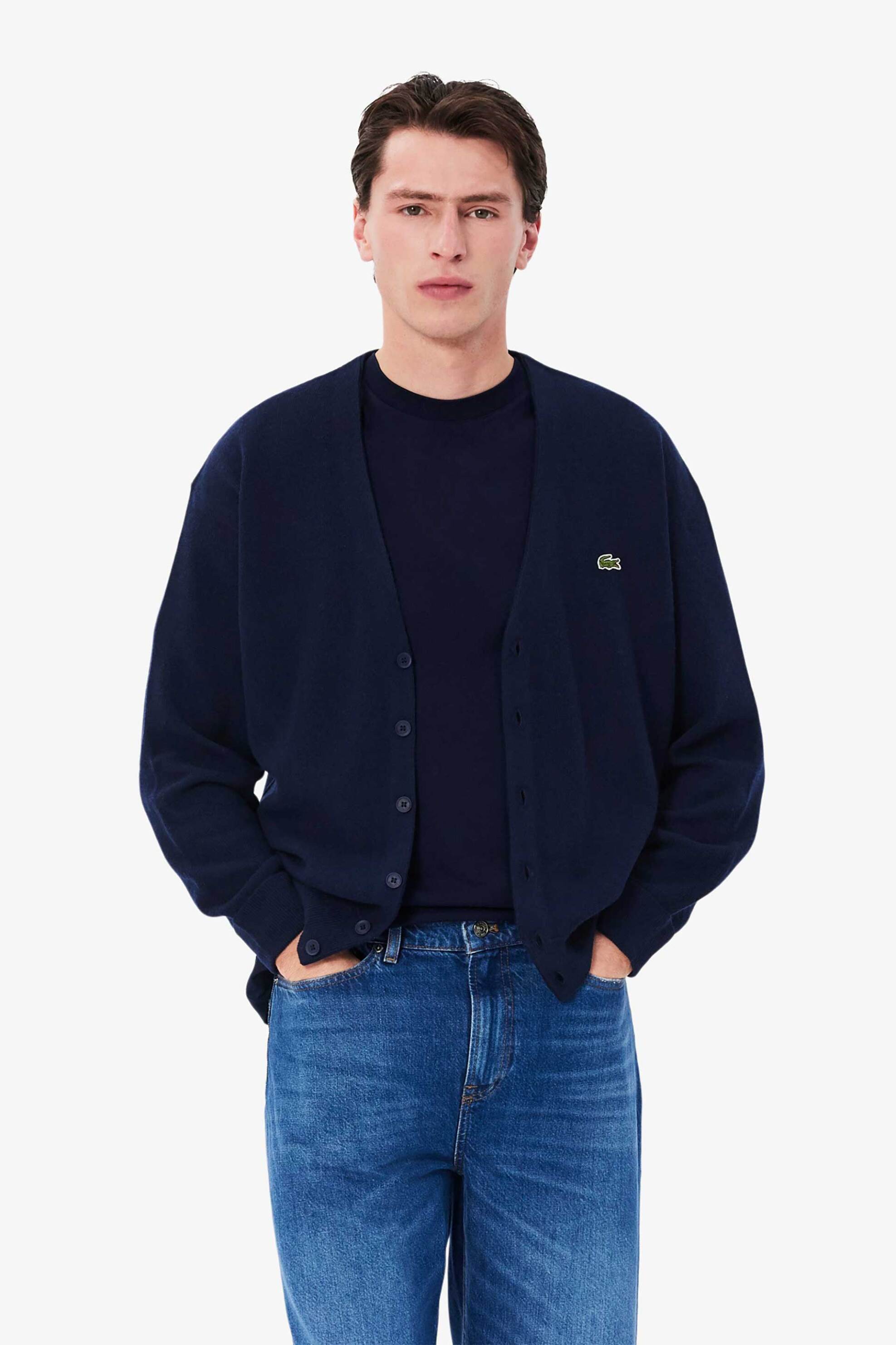 Lacoste ανδρική μάλλινη ζακέτα με κεντημένο λογότυπο Relaxed Fit - AH0397 Μπλε Σκούρο