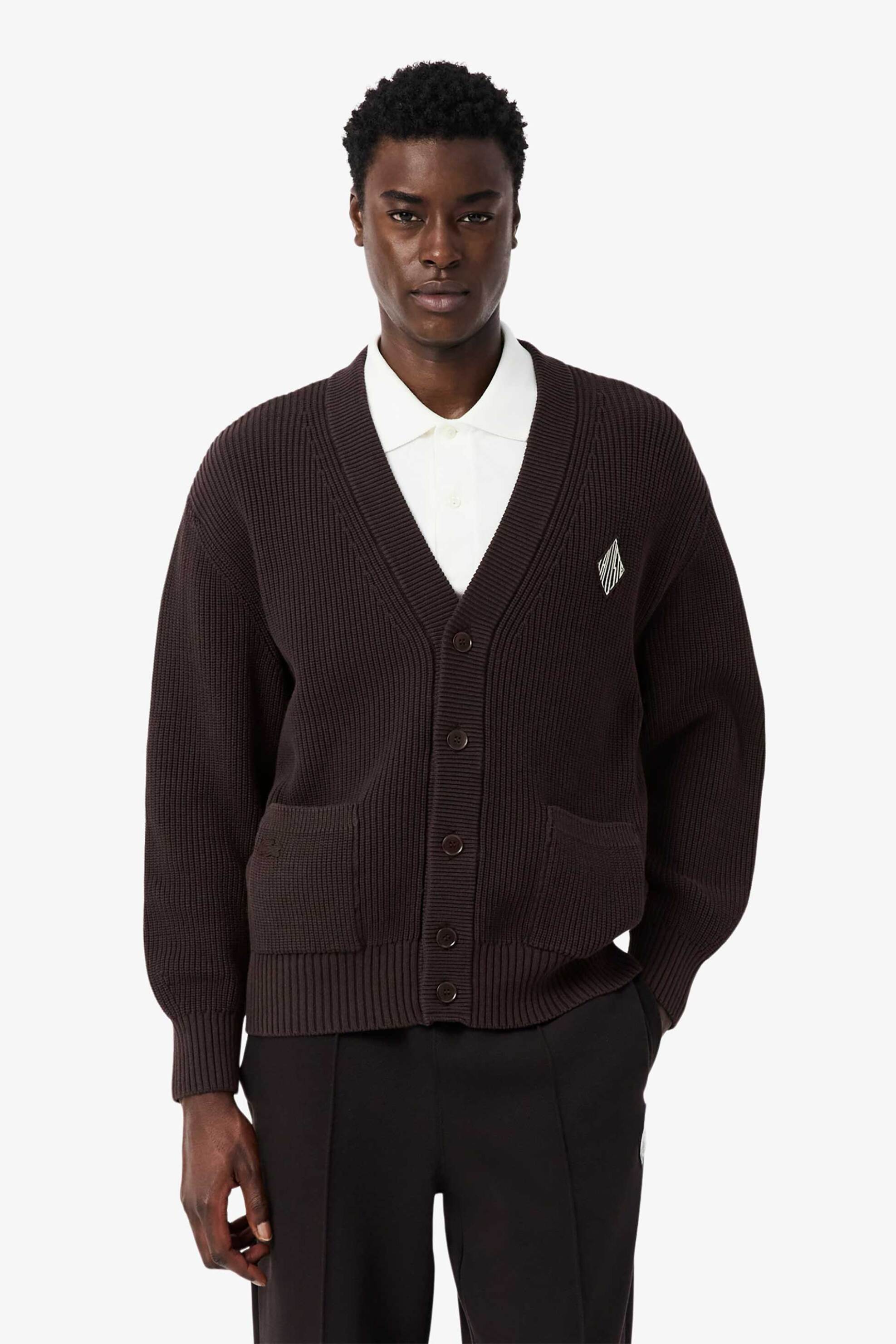 Lacoste ανδρική πλεκτή ζακέτα ribbed με V και κεντημένο λογότυπο Relaxed Fit - AH0611-00 Καφέ Σκούρο