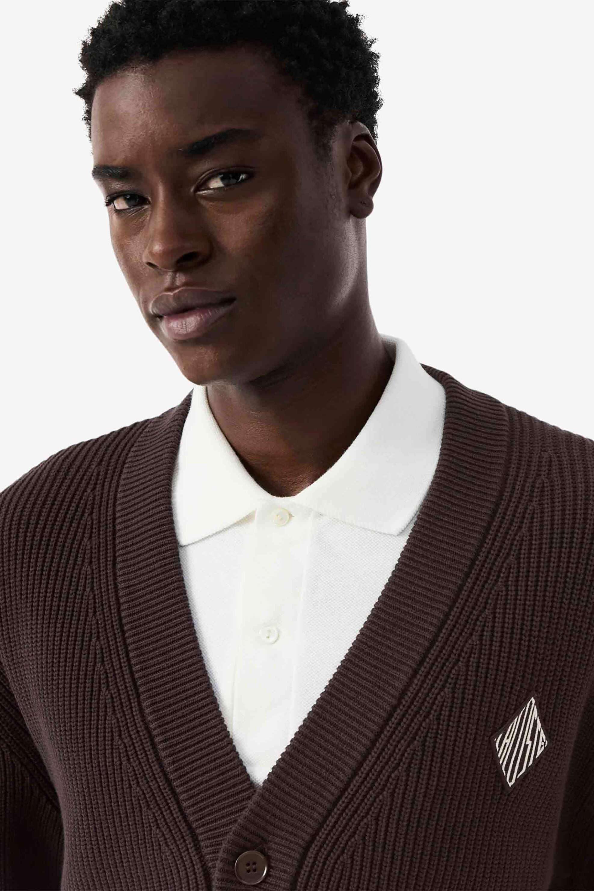 Lacoste ανδρική πλεκτή ζακέτα ribbed με V και κεντημένο λογότυπο Relaxed Fit - AH0611-00 Καφέ Σκούρο φωτογραφία