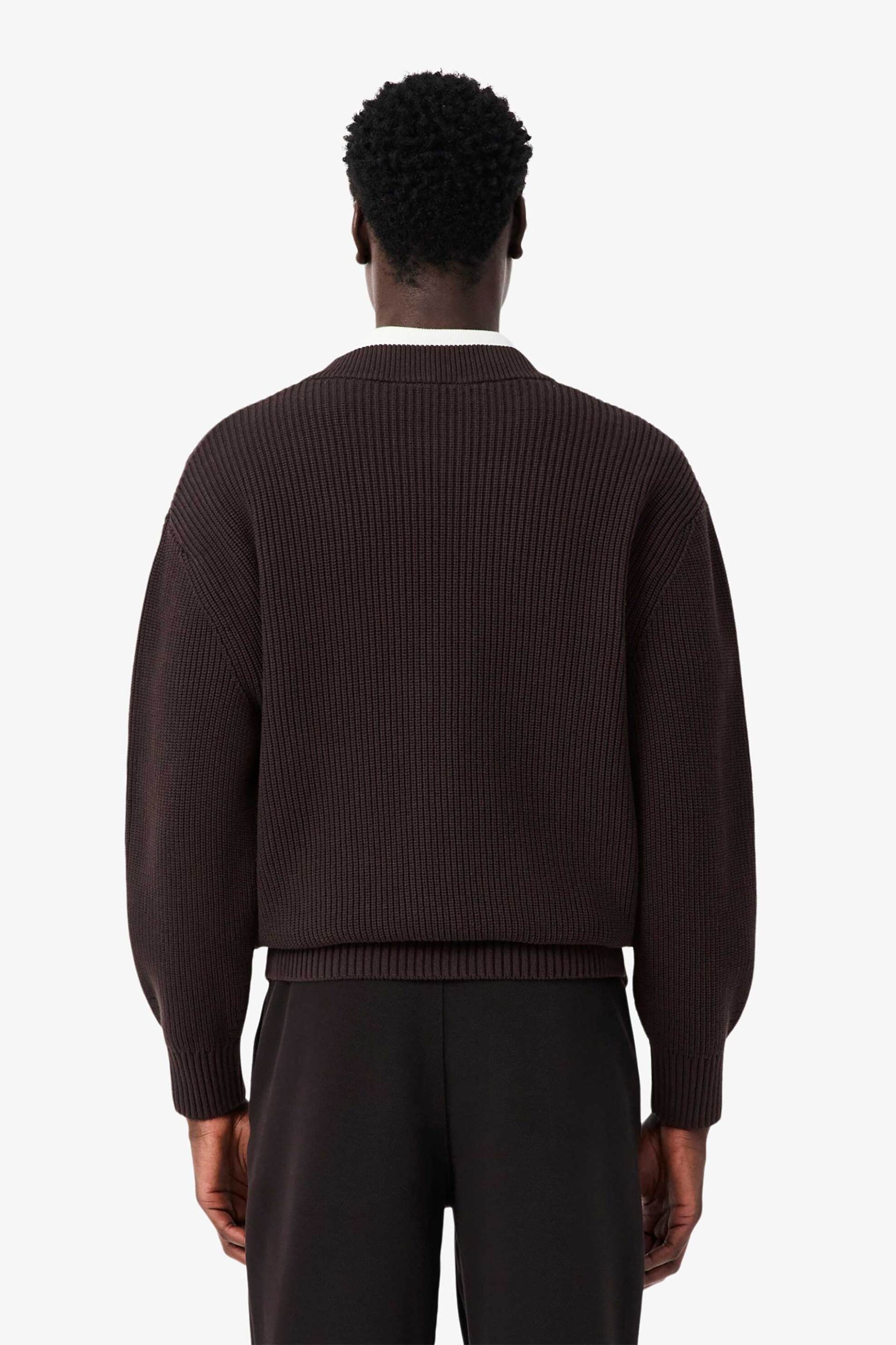 Lacoste Ανδρική Πλεκτή Ζακέτα Ribbed με V Και Κεντημένο Λογότυπο Relaxed Fit - Ah0611-00 Καφέ Σκούρο