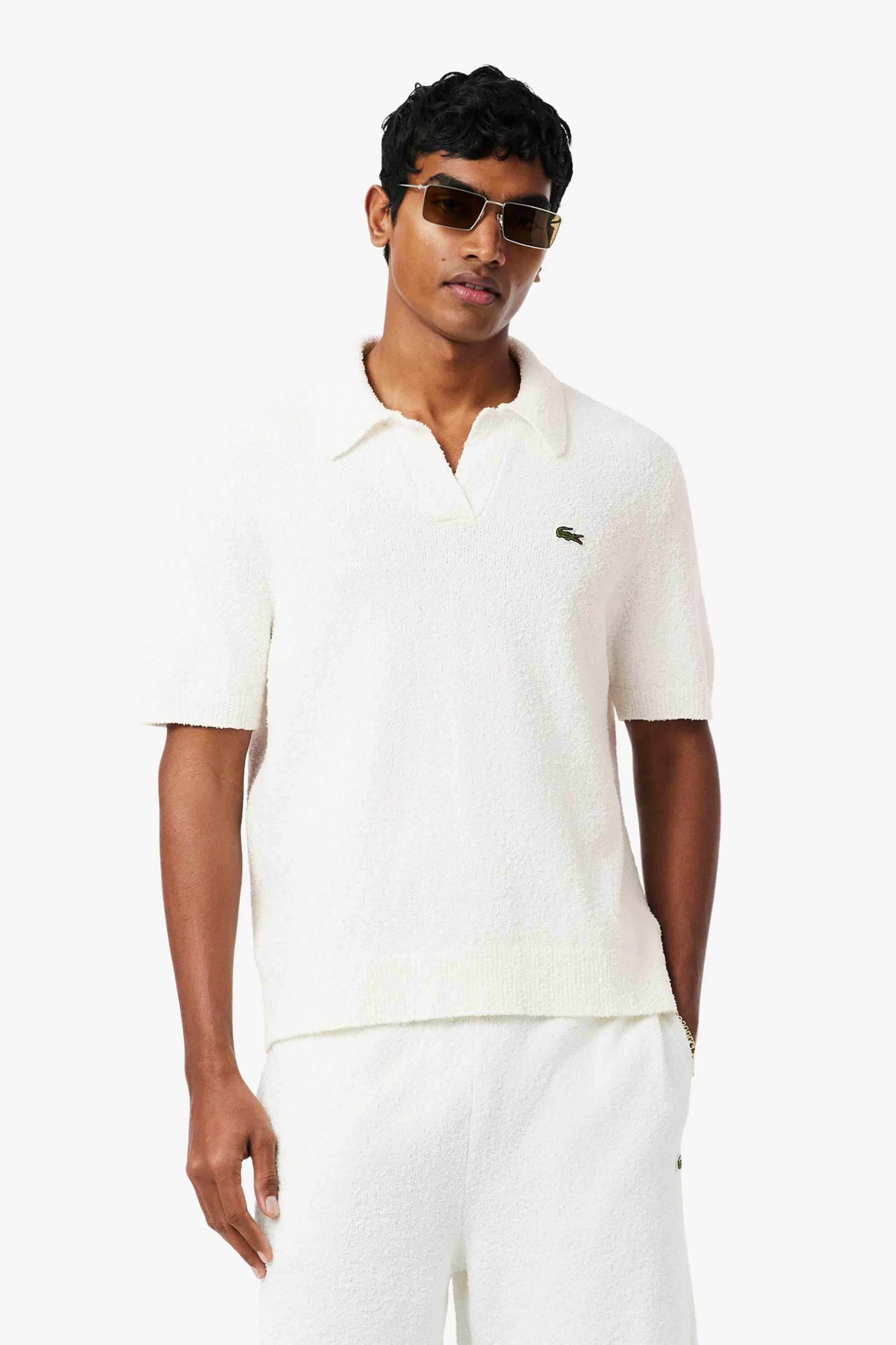 Lacoste ανδρική πλεκτή μπλούζα πόλο μπουκλέ με λογότυπο Classic Fit - AH0618 Λευκό