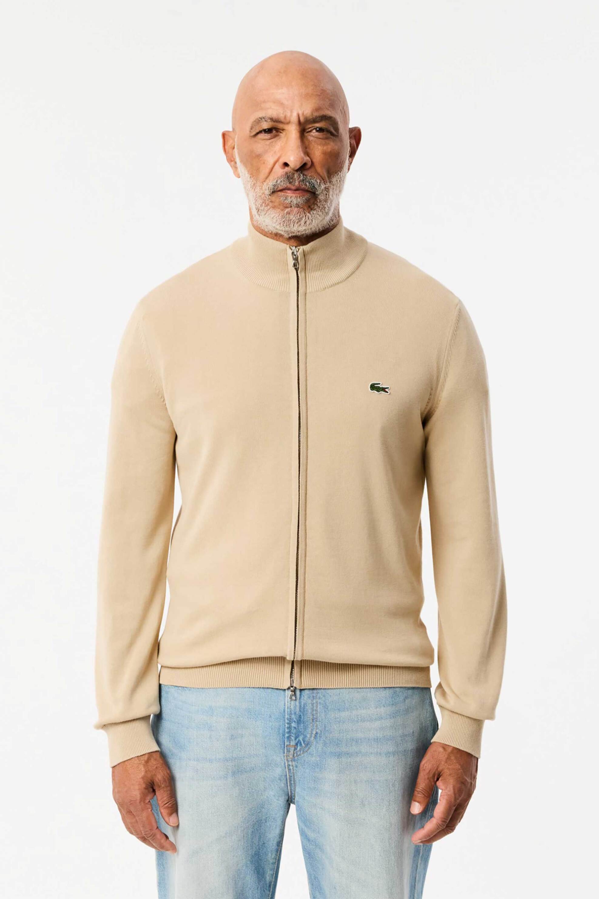 Lacoste ανδρική πλεκτή ζακέτα με ψηλό λαιμό και κεντημένο λογότυπο Regular Fit - AH1957 Μπεζ