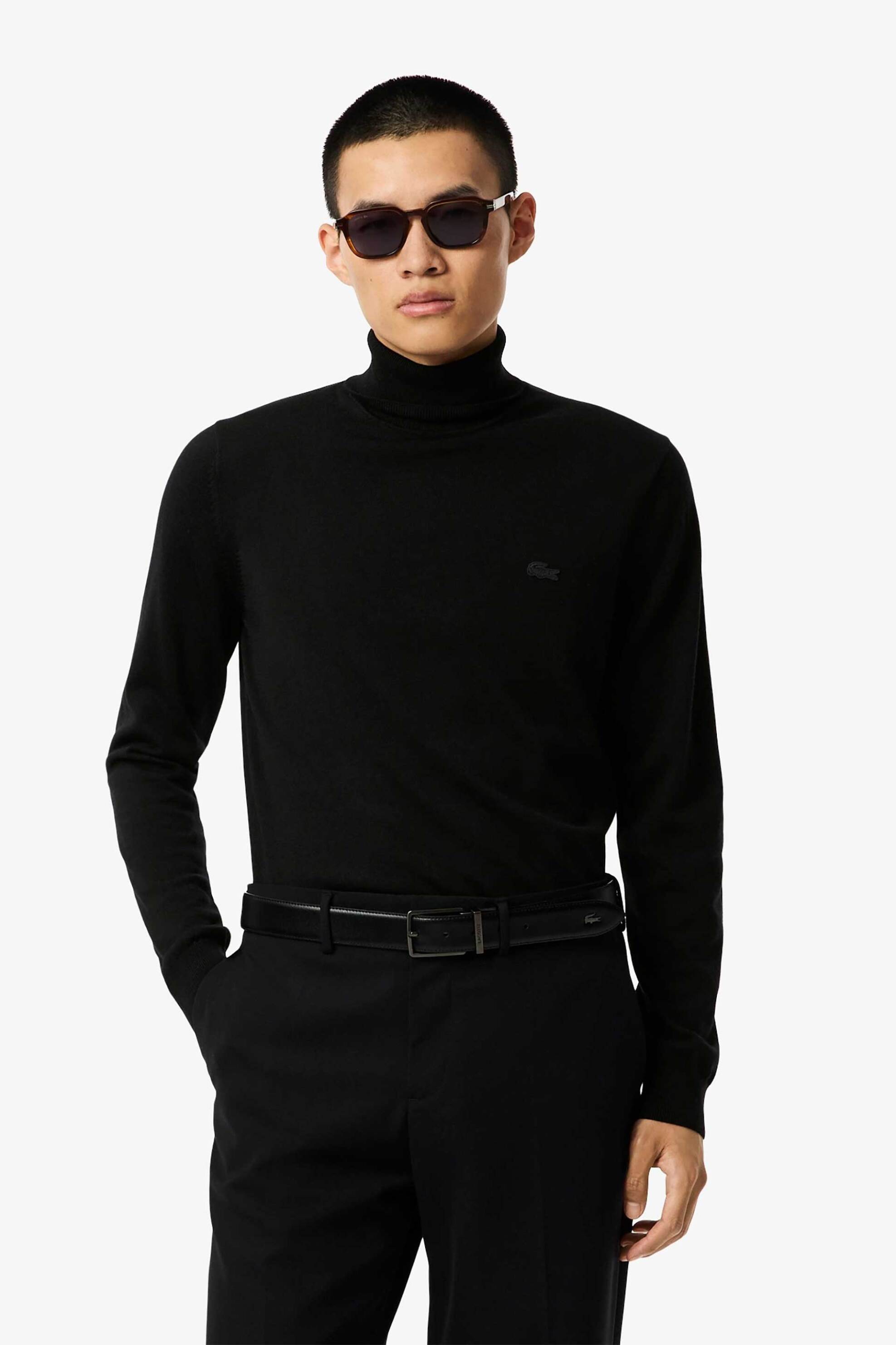 Lacoste ανδρική πλεκτή μπλούζα ζιβάγκο με κεντημένο λογότυπο Regular Fit - AH1959 Μαύρο