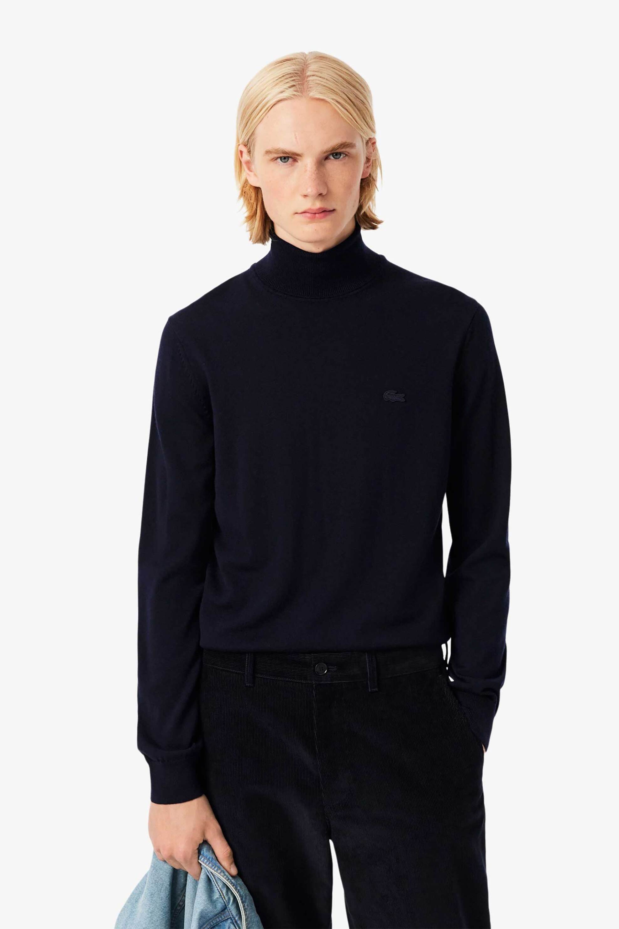 Lacoste ανδρική πλεκτή μπλούζα ζιβάγκο με κεντημένο λογότυπο Regular Fit - AH1959 Μπλε Σκούρο