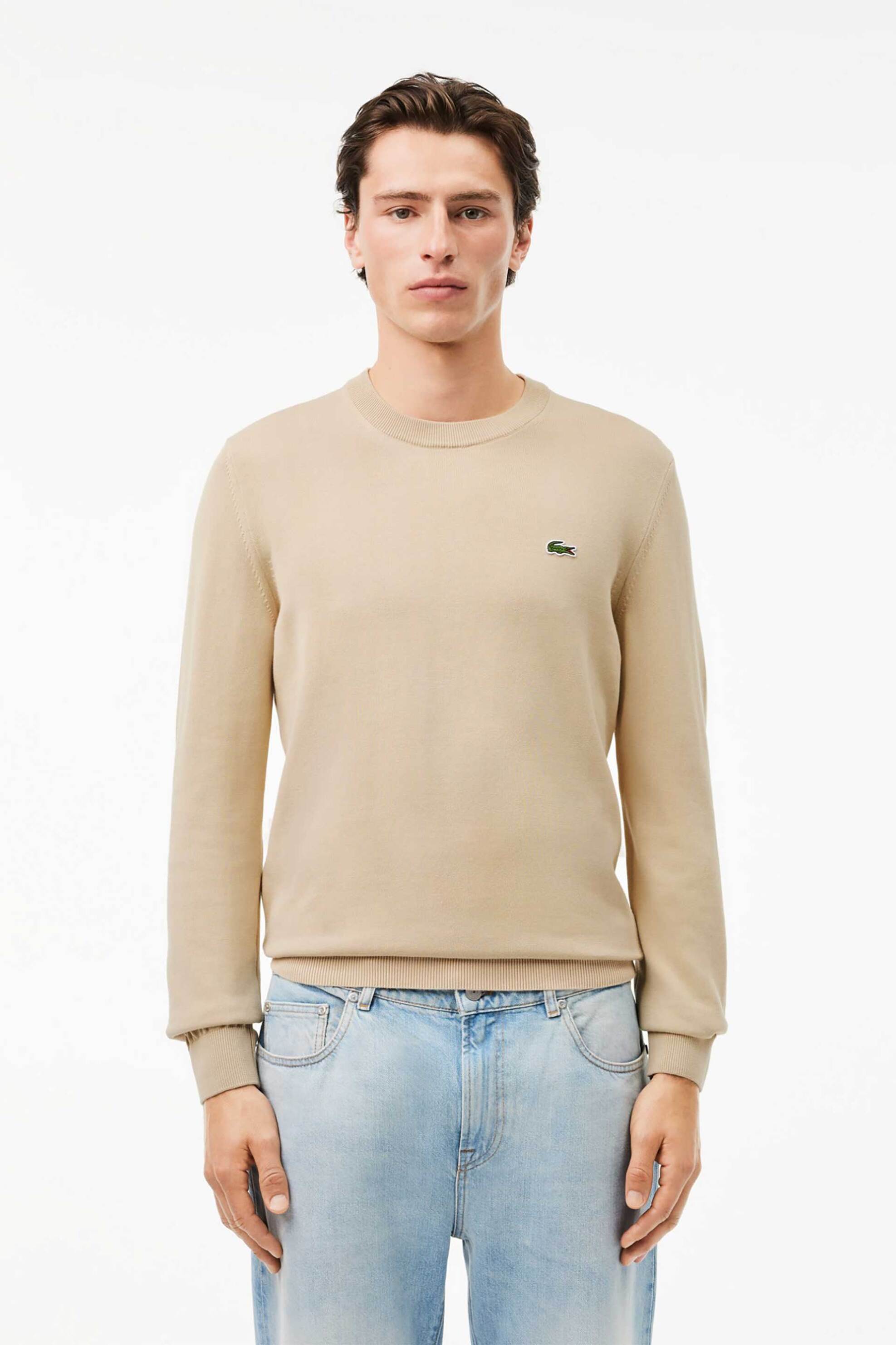 Lacoste ανδρικό πουλόβερ με κεντημένο λογότυπο Regular Fit - AH1985 Μπεζ