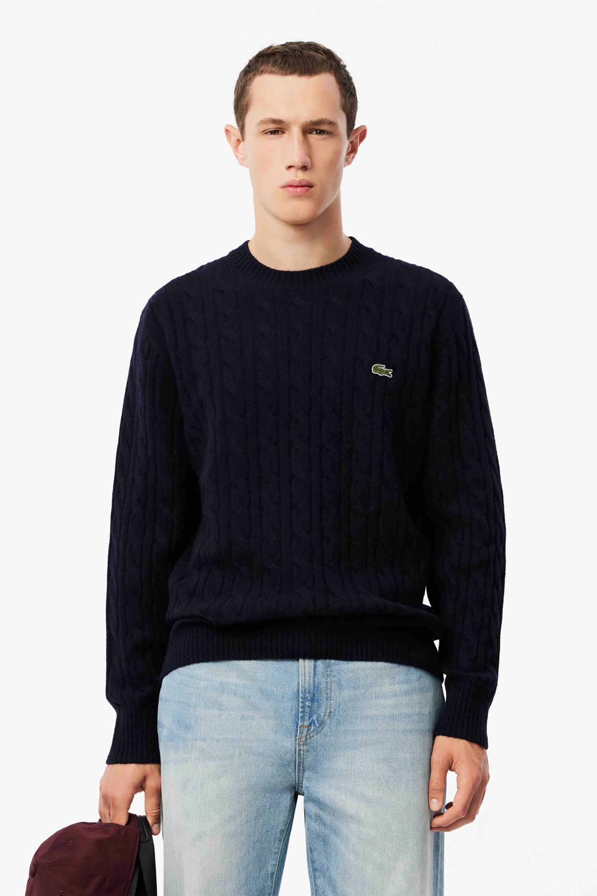 Lacoste ανδρικό μάλλινο πουλόβερ με cable knit pattern και κεντημένο λογότυπο Classic Fit - AH2924-00 Μπλε Σκούρο