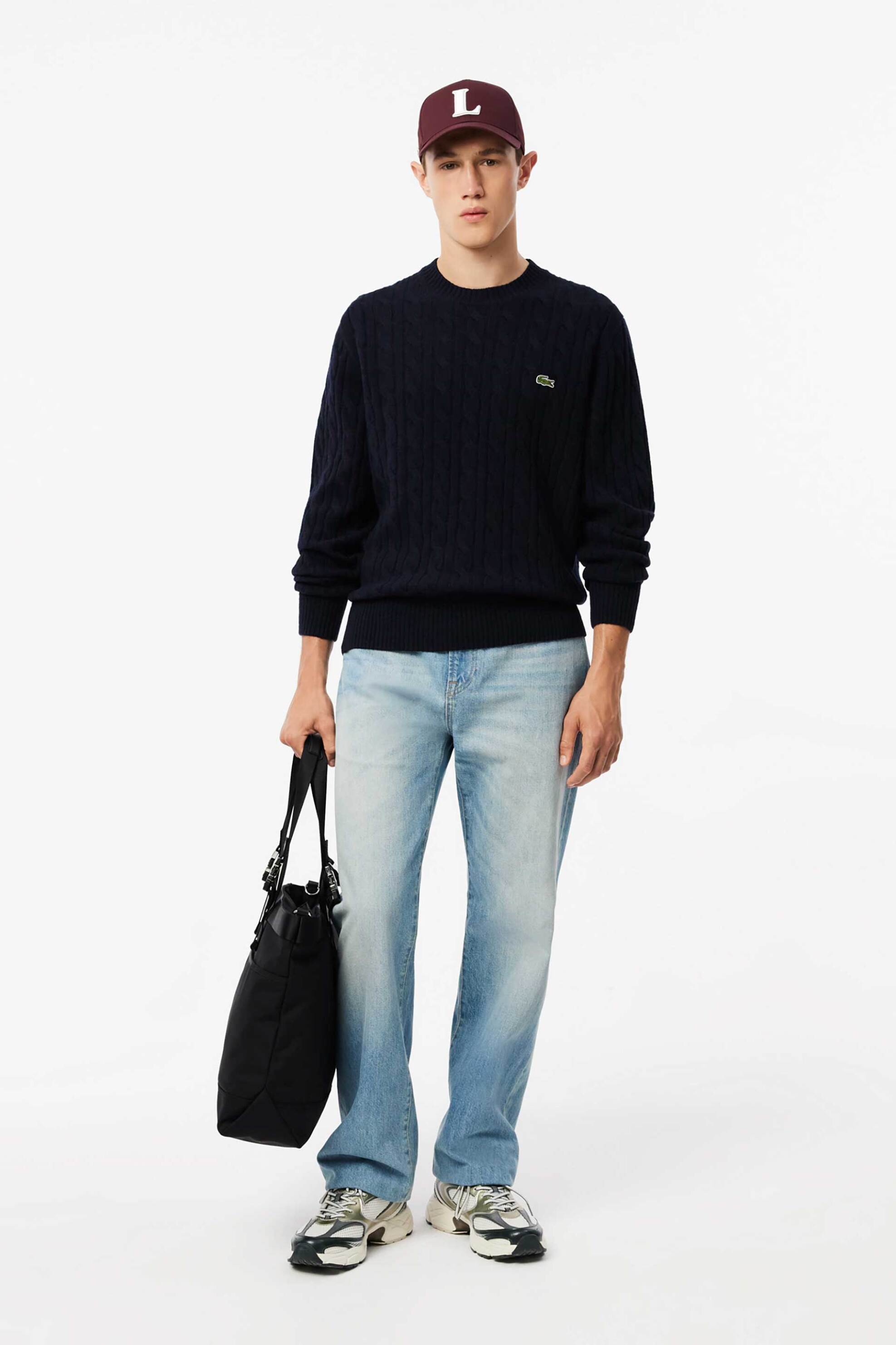 Lacoste ανδρικό μάλλινο πουλόβερ με cable knit pattern και κεντημένο λογότυπο Classic Fit - AH2924-00 Μπλε Σκούρο φωτογραφία