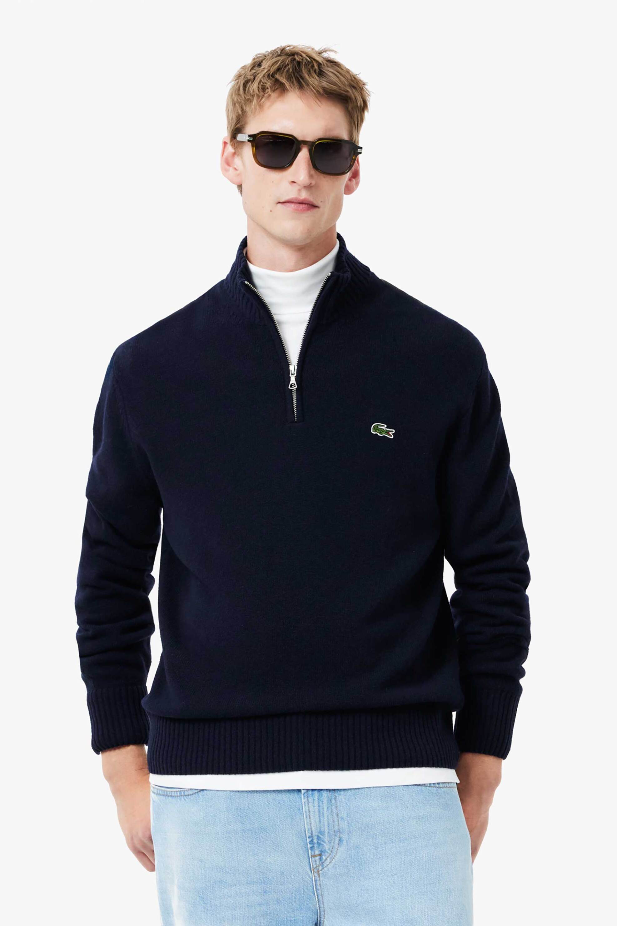 Lacoste ανδρικό μάλλινο πουλόβερ με ψηλό λαιμό και κεντημένο λογότυπο Classic Fit - AH3052-00 Μπλε Σκούρο