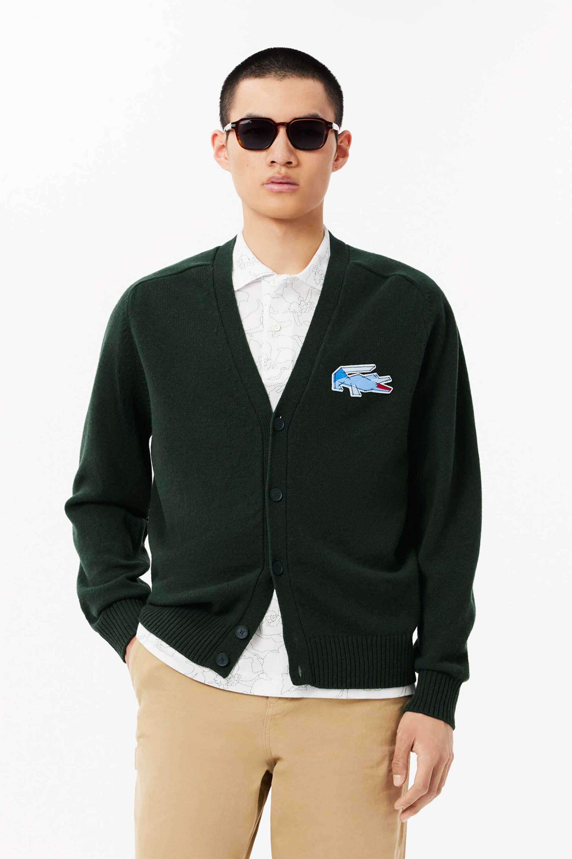 LACOSTE Lacoste ανδρική μάλλινη ζακέτα με λογότυπο Classic Fit - AH3053-00 Πράσινο Σκούρο