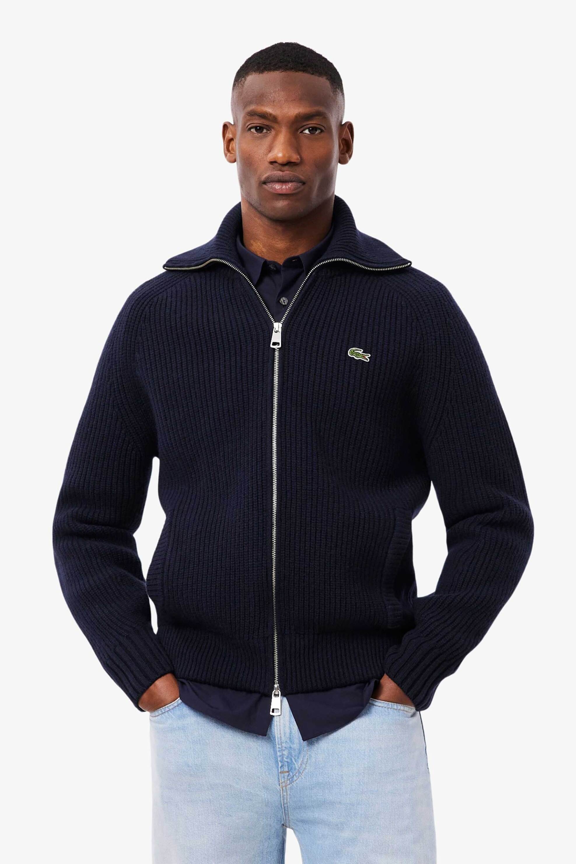 Lacoste ανδρική μάλλινη ζακέτα ribbed με ψηλό λαιμό και κεντημένο λογότυπο Classic Fit - AH5175-00 Μπλε Σκούρο