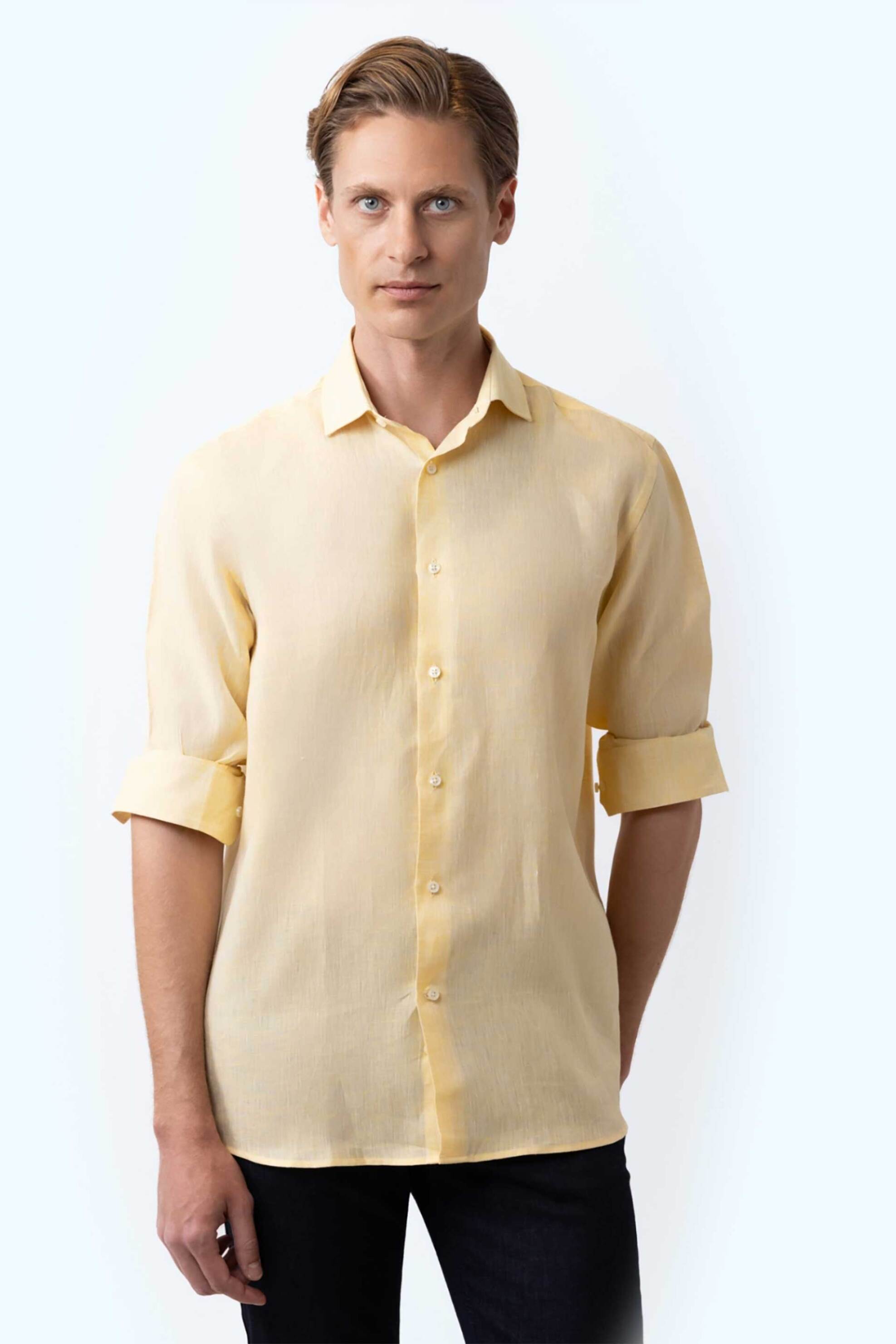 THE BOSTONIANS The Bostonians ανδρικό λινό πουκάμισο Custom Fit - ANP1552 Κίτρινο Ανοιχτό