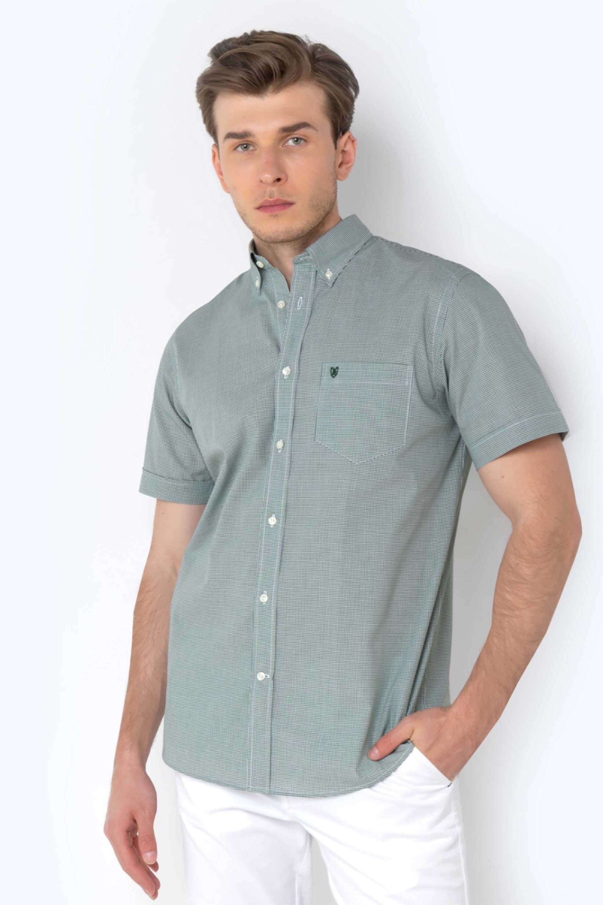 The Bostonians ανδρικό πουκάμισο button down με καρό σχέδιο και κεντημένο λογότυπο Regular Fit "Chester Poplin" - BAC7021 Πράσινο