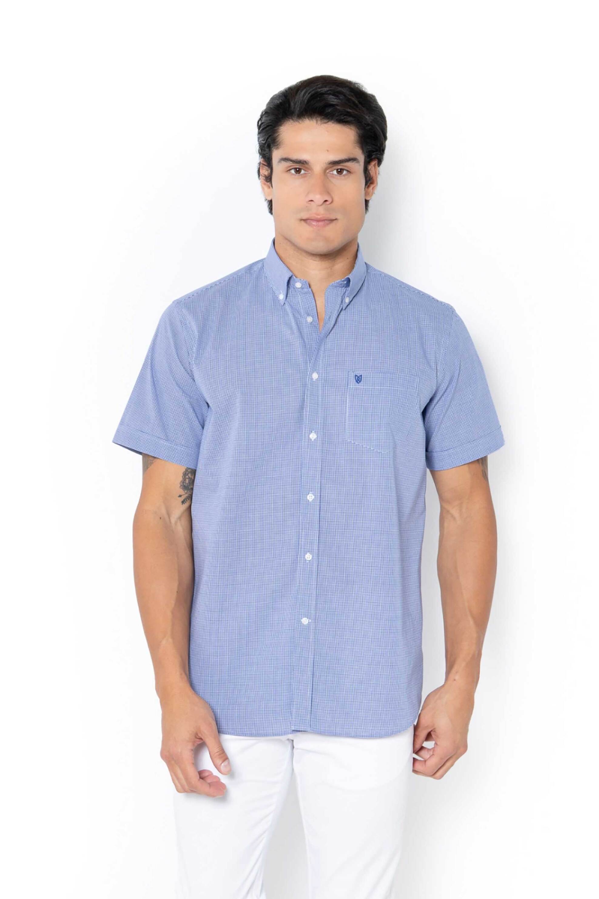 The Bostonians ανδρικό πουκάμισο button down με καρό σχέδιο και κεντημένο λογότυπο Regular Fit "Chester Poplin" - BAC7021 Μπλε