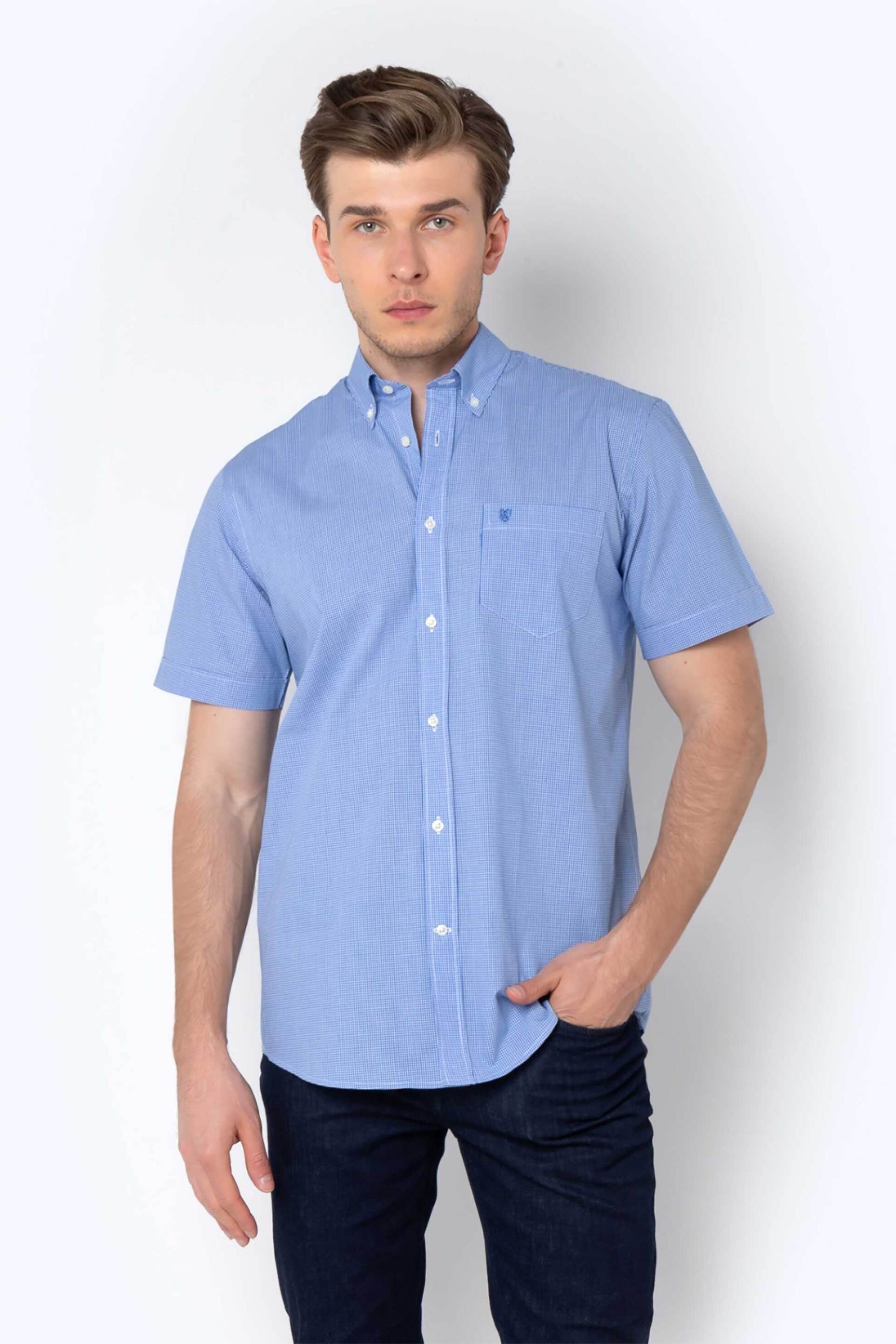 The Bostonians ανδρικό πουκάμισο poplin button down με καρό σχέδιο και κεντημένο λογότυπο Regular Fit "Chester" - BAC7021 Μπλε Ανοιχτό