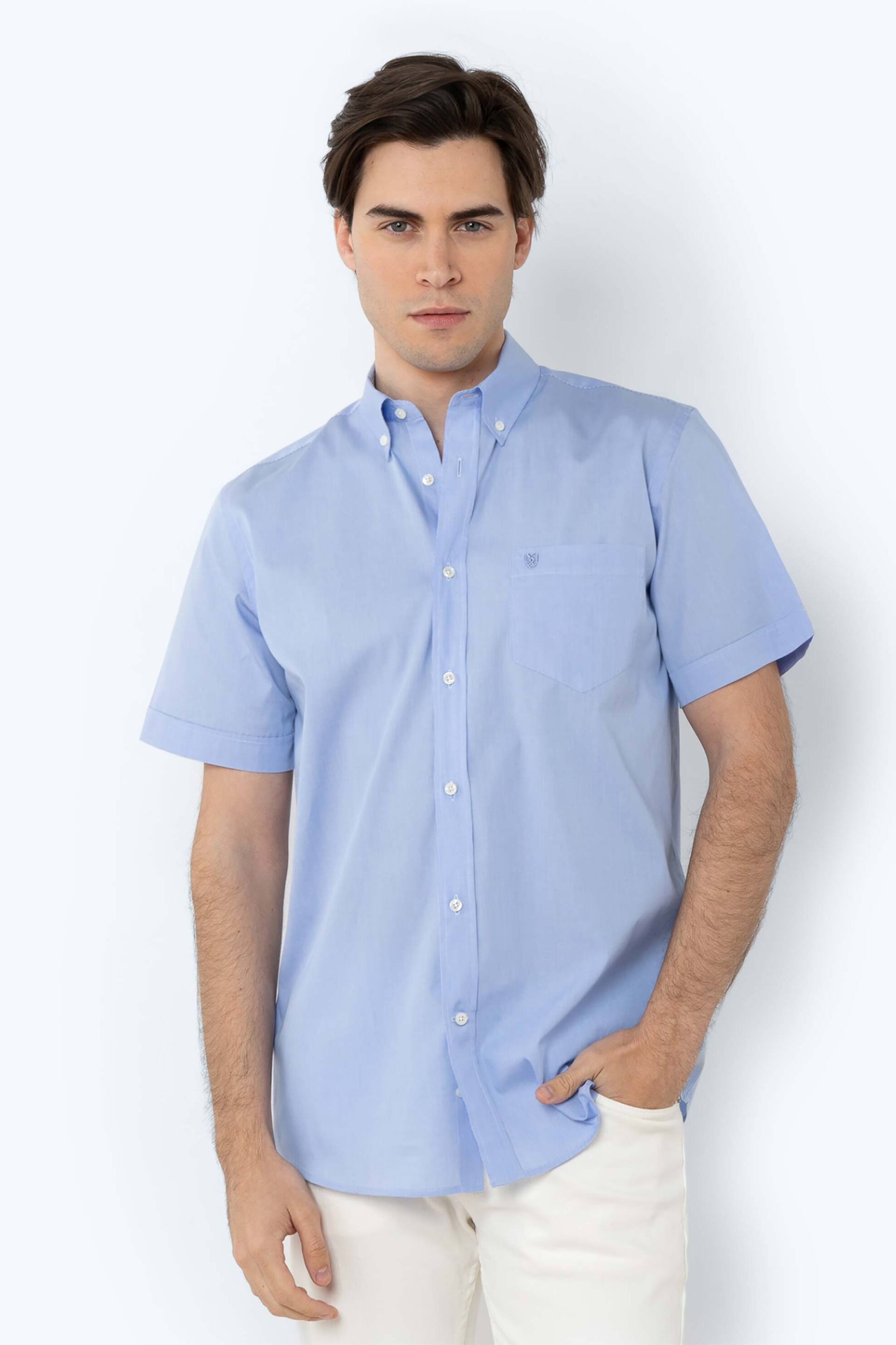 The Bostonians ανδρικό κοντομάνικο πουκάμισο button down Regular Fit "Chester Poplin" - BAP0016 Μπλε Ανοιχτό