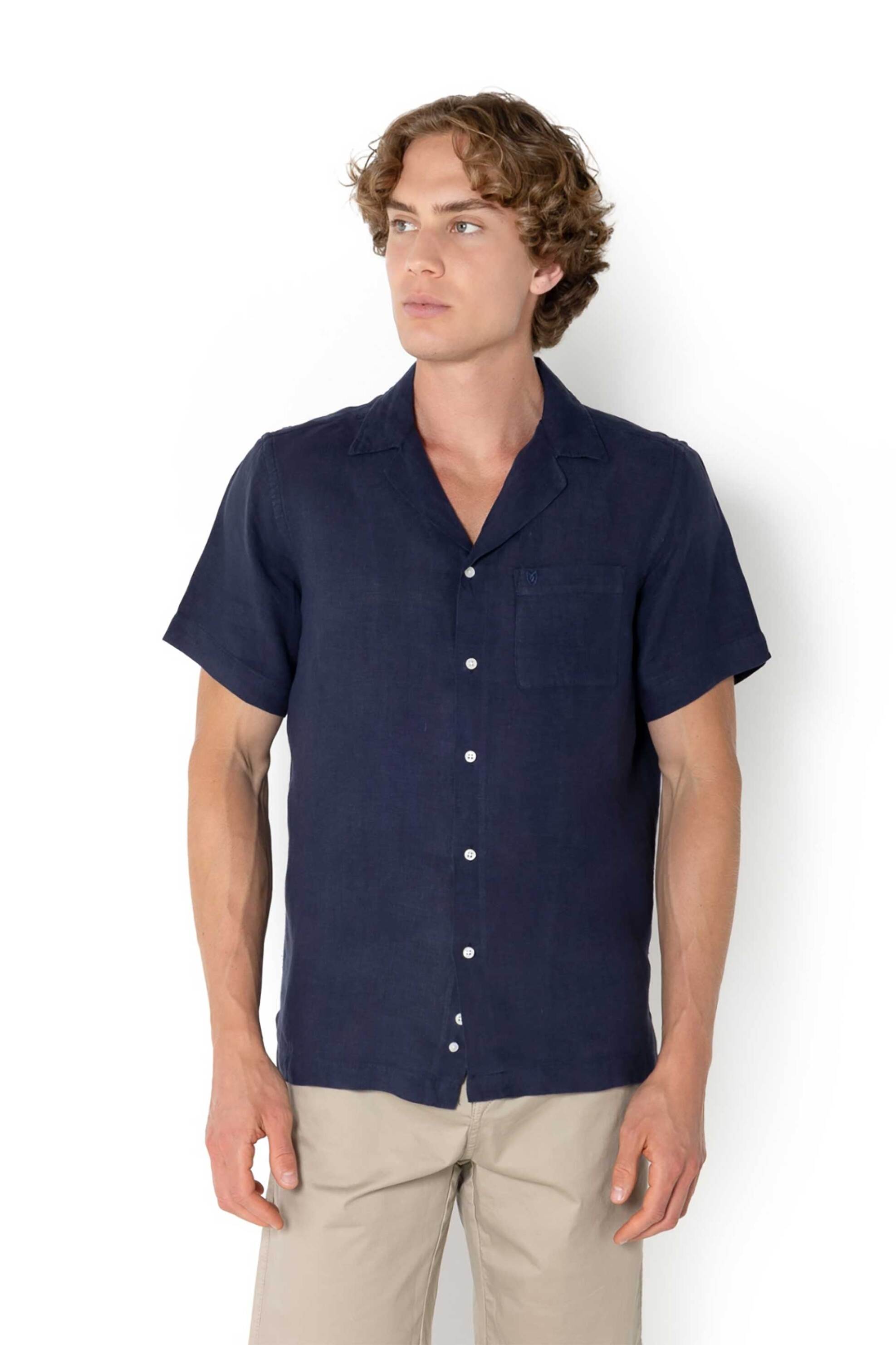 The Bostonians ανδρικό λινο πουκάμισο με τσέπη και κεντημένο λογότυπο Custom Fit - BLP2412 Μπλε Σκούρο