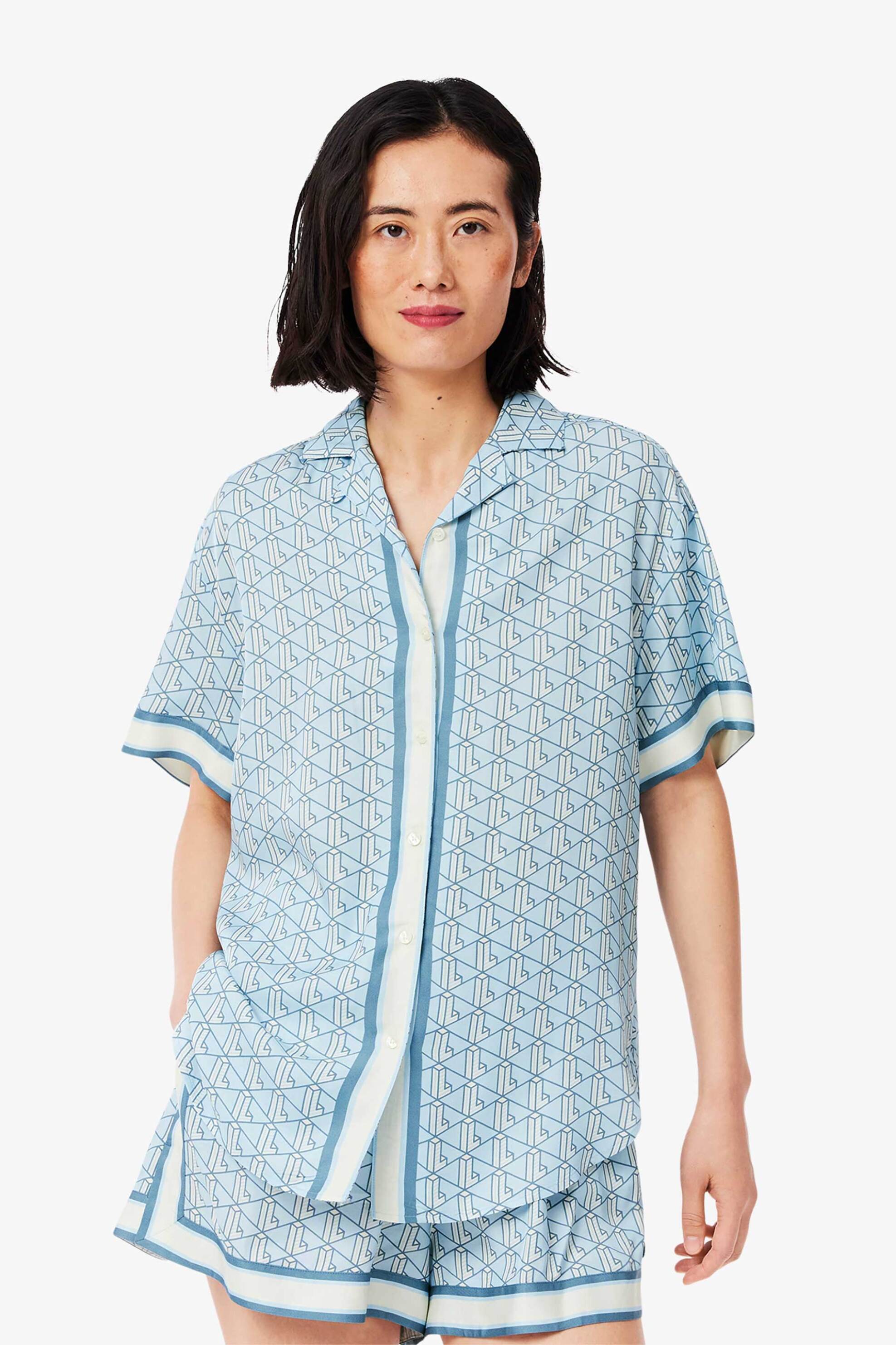 Lacoste Lacoste γυναικείο πουκάμισο κοντομάνικο με all-over monogram print Oversized Fit - CF0495-00 Μπλε Ανοιχτό 2025
