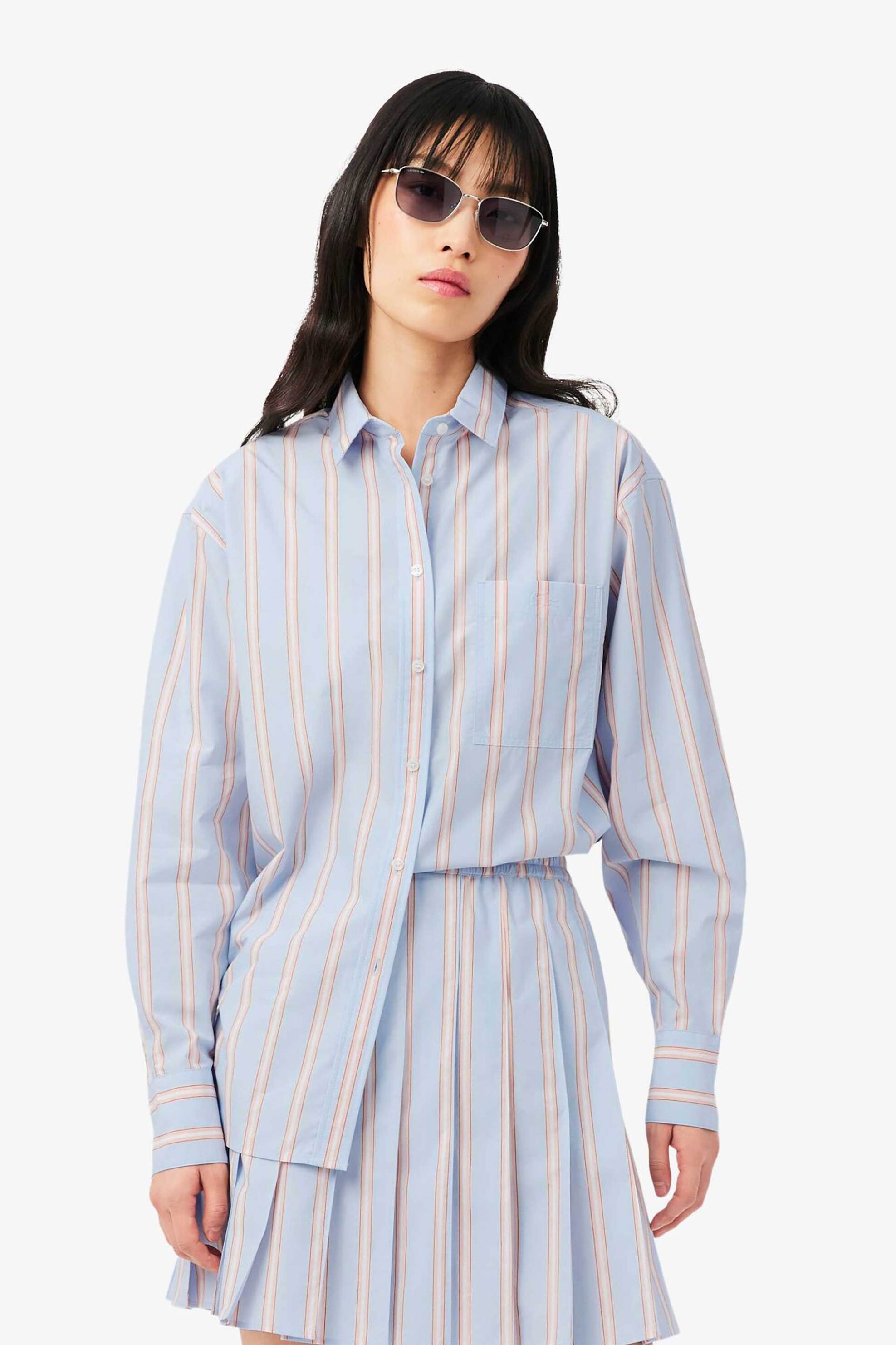 LACOSTE Lacoste γυναικείο πουκάμισο poplin με ριγέ σχέδιο και τσέπη με λογότυπο Oversized Fit - CF1054 Μπλε Ανοιχτό