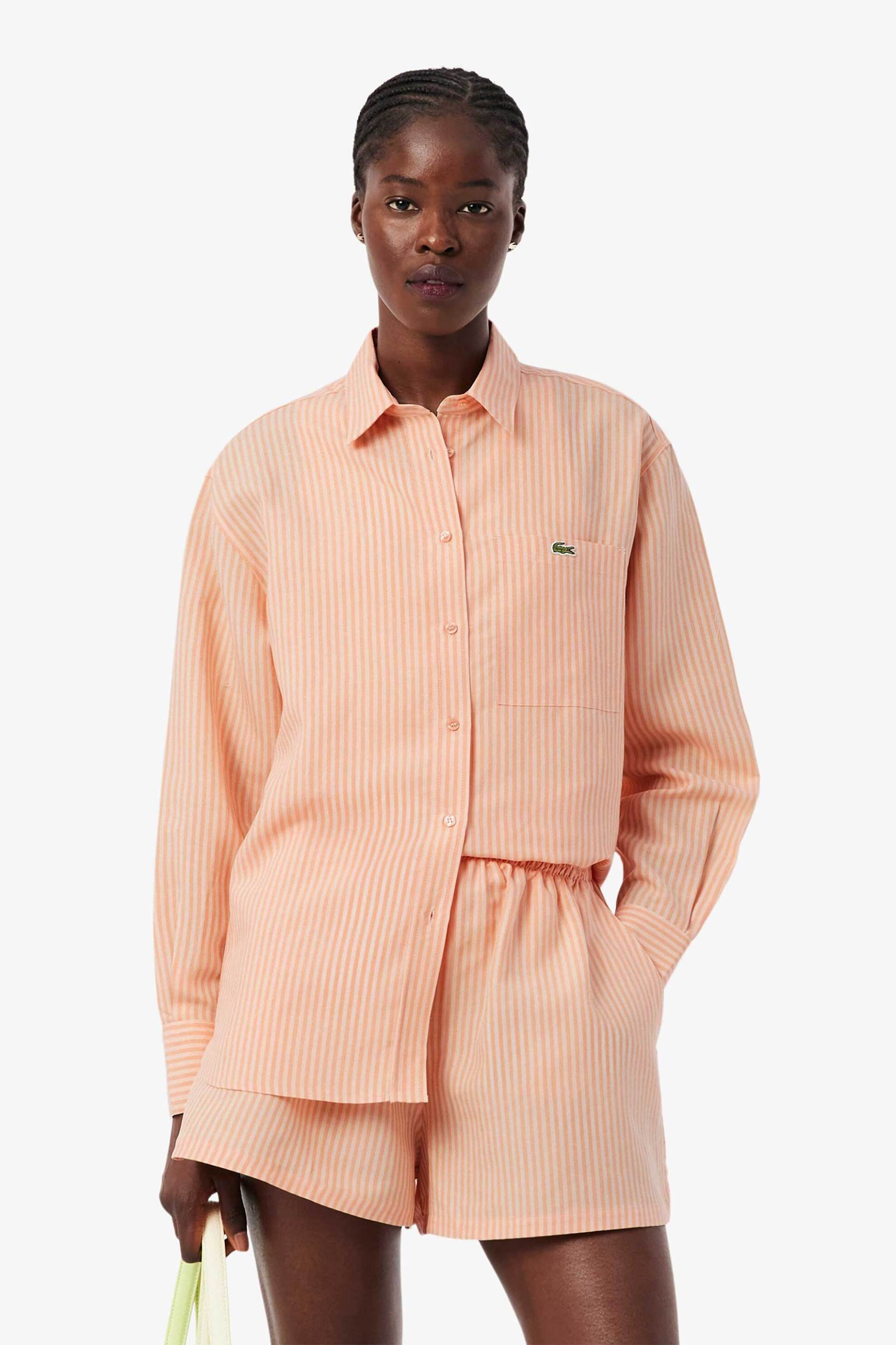 Lacoste γυναικείο πουκάμισο με ριγέ σχέδιο και τσέπη με λογότυπο Oversized Fit - CF1429 Πορτοκαλί
