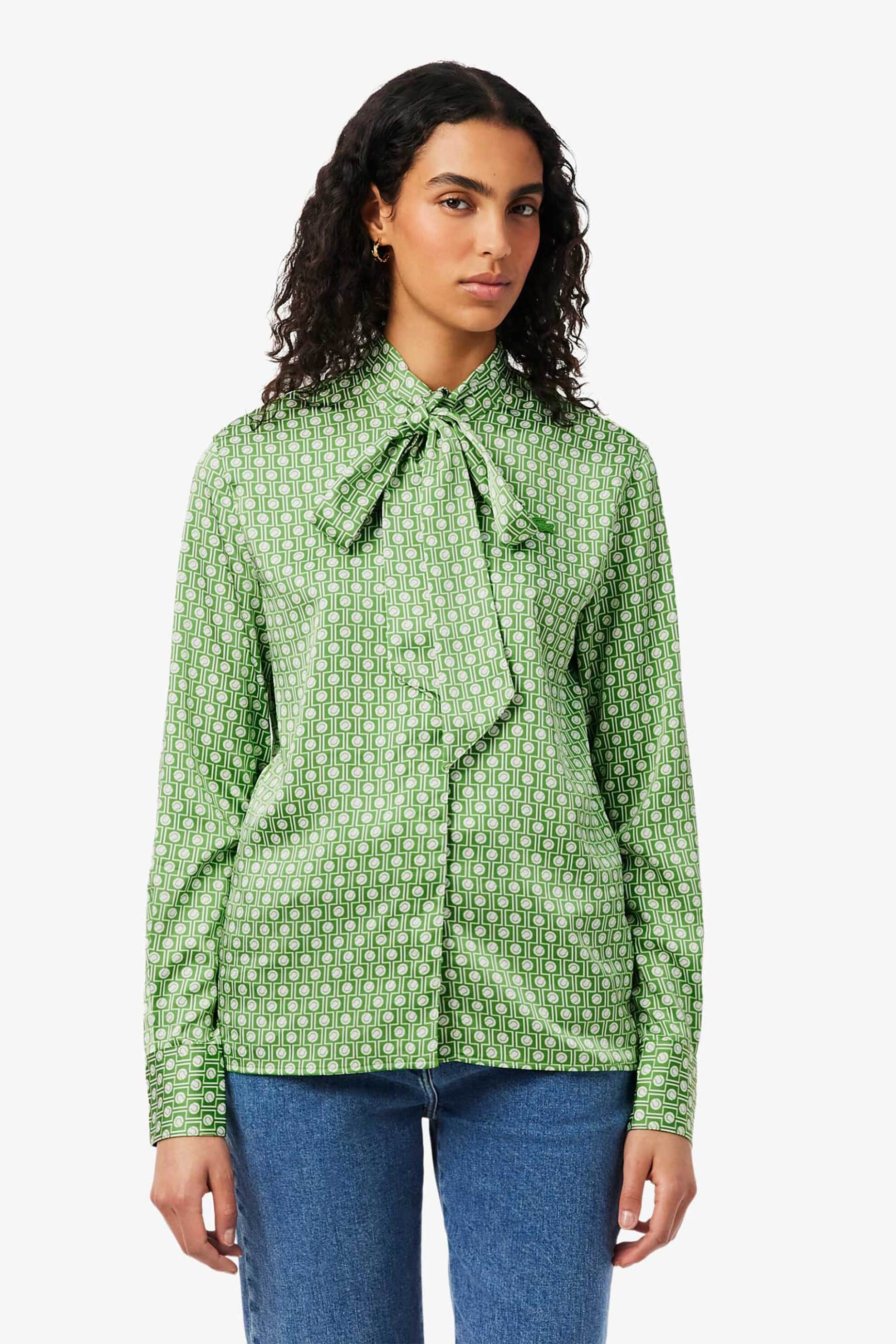 Lacoste γυναικείο πουκάμισο σατέν με all-over tennis ball print και λογότυπο Regular Fit - CF2626 Πράσινο Ανοιχτό